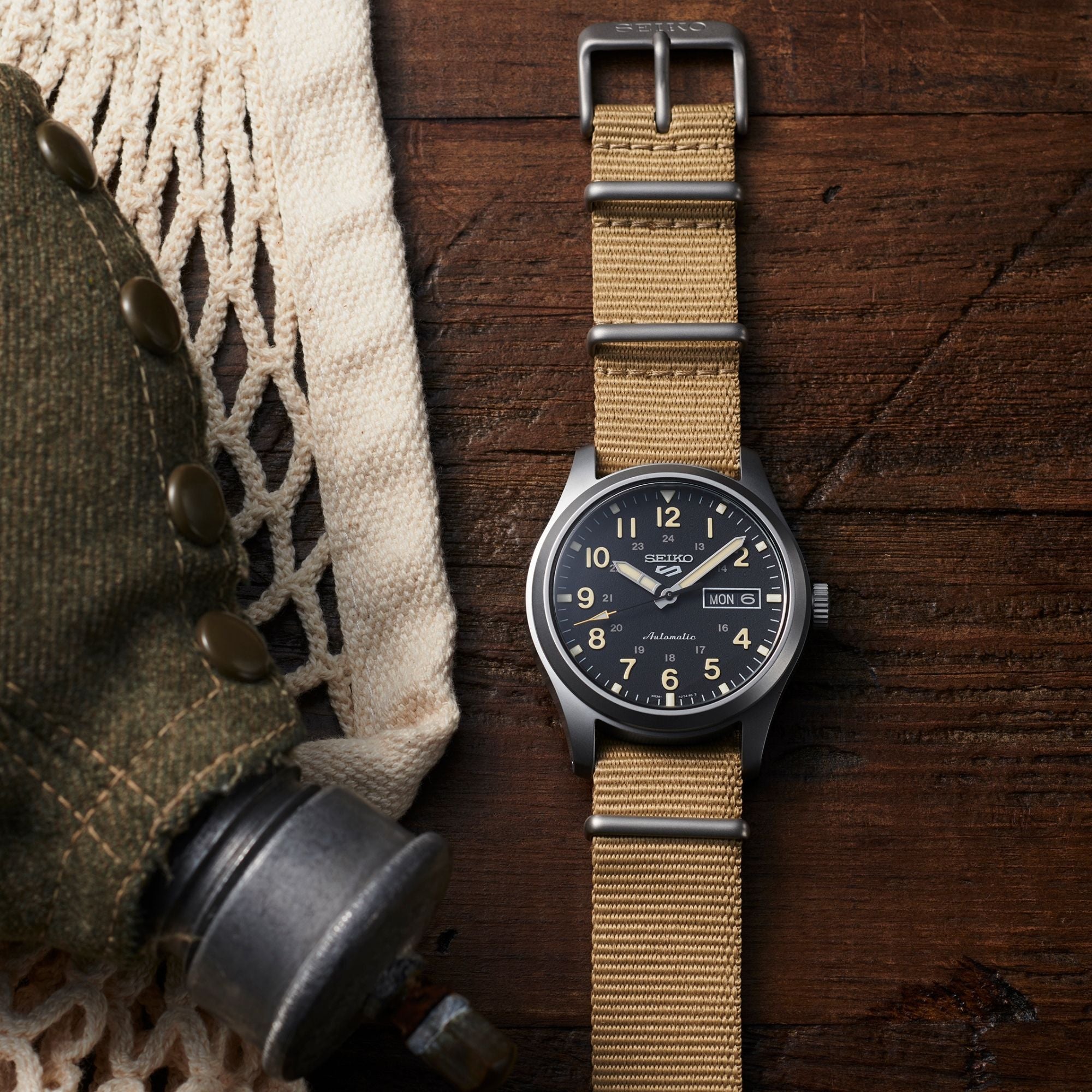 Seiko 5 Sports Field Military Watch Automatic Black Dial Beige Nylon Strap Men's Watch SRPG35K1