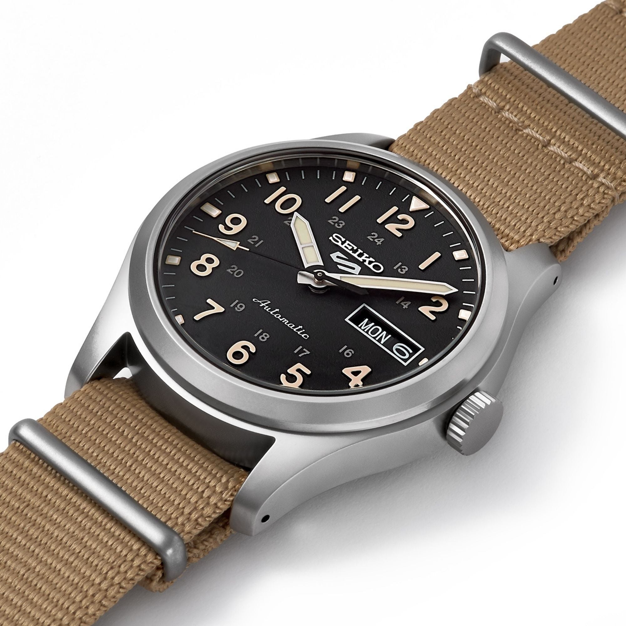 Seiko 5 Sports Field Military Watch Automatic Black Dial Beige Nylon Strap Men's Watch SRPG35K1