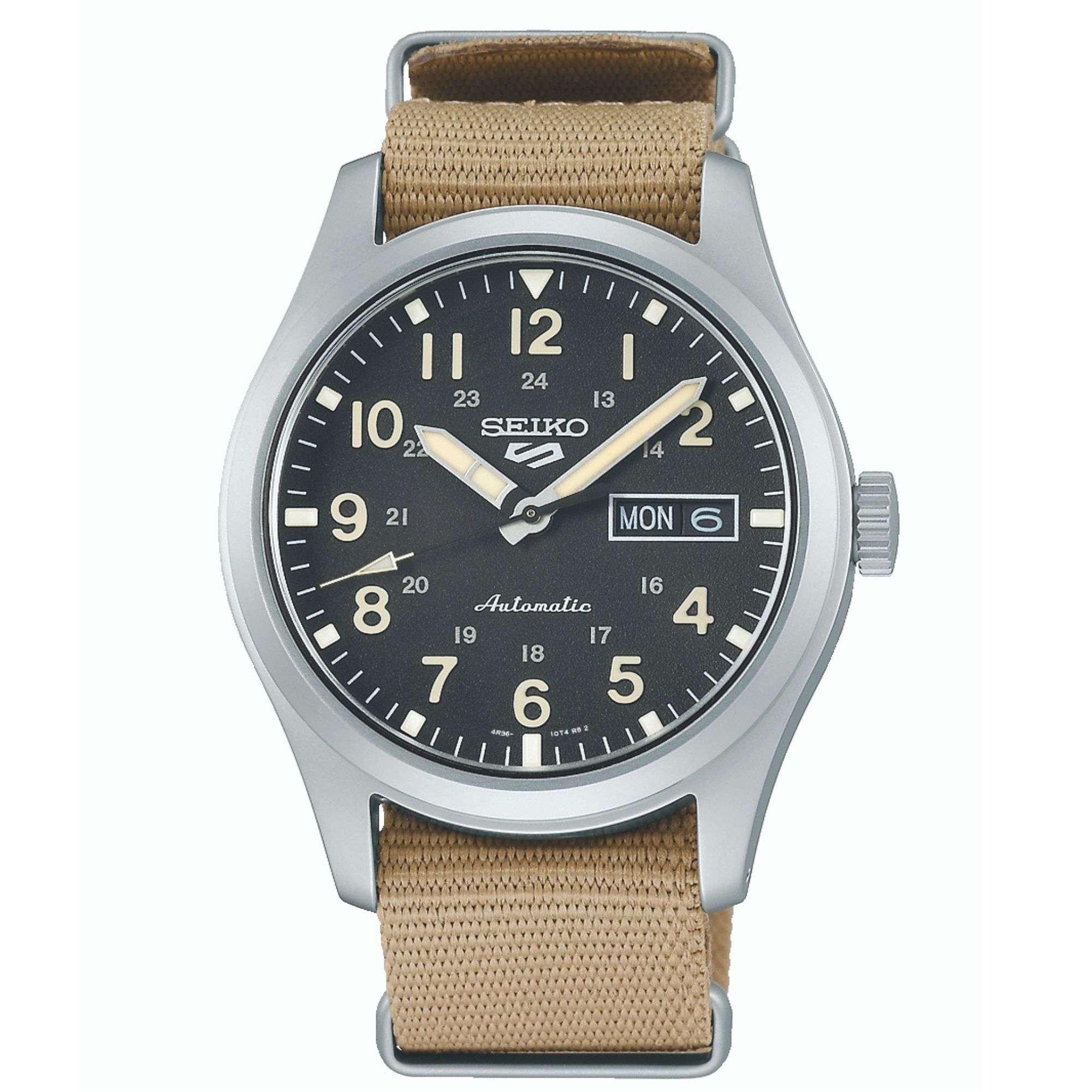 Seiko 5 Sports Field Military Watch Automatic Black Dial Beige Nylon Strap Men's Watch SRPG35K1