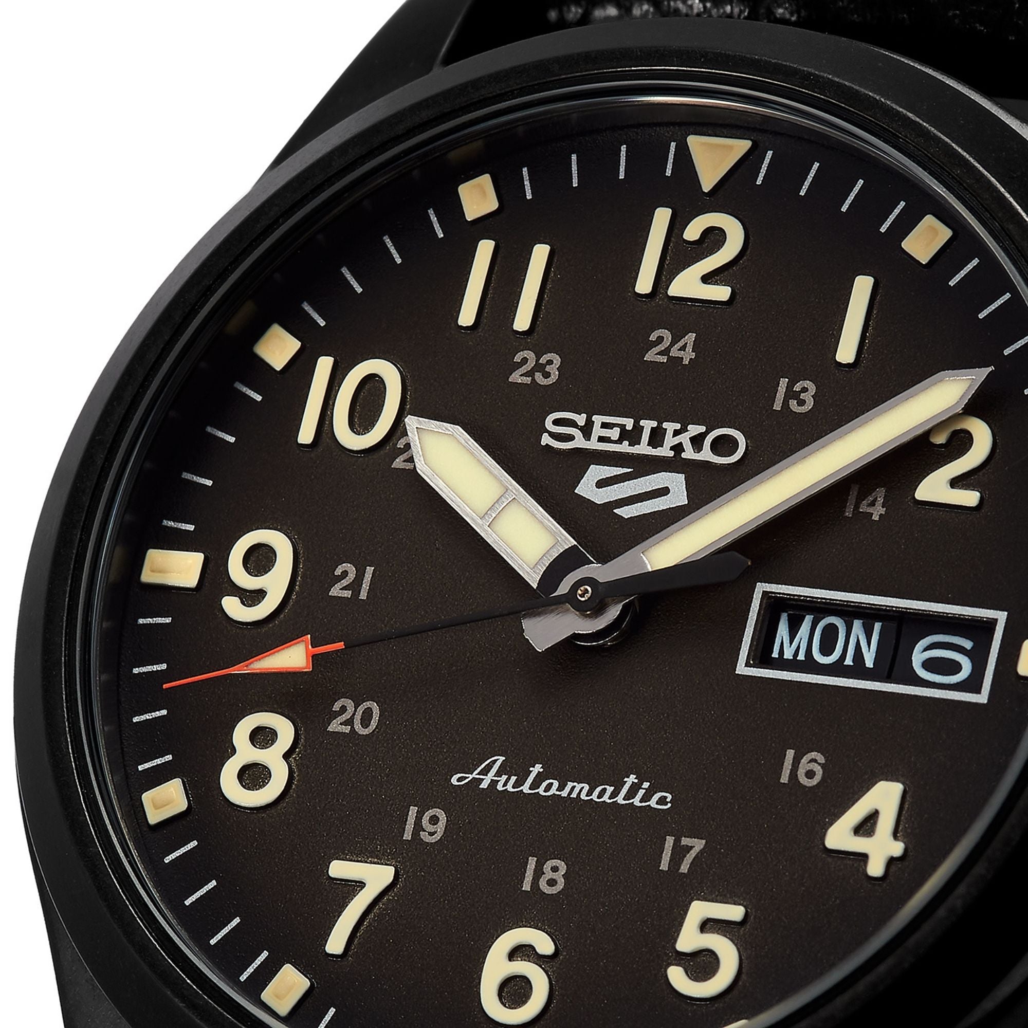 Seiko 5 Sports Field Military Watch Automatic Black Dial Black Leather Strap Men's Watch SRPG41K1