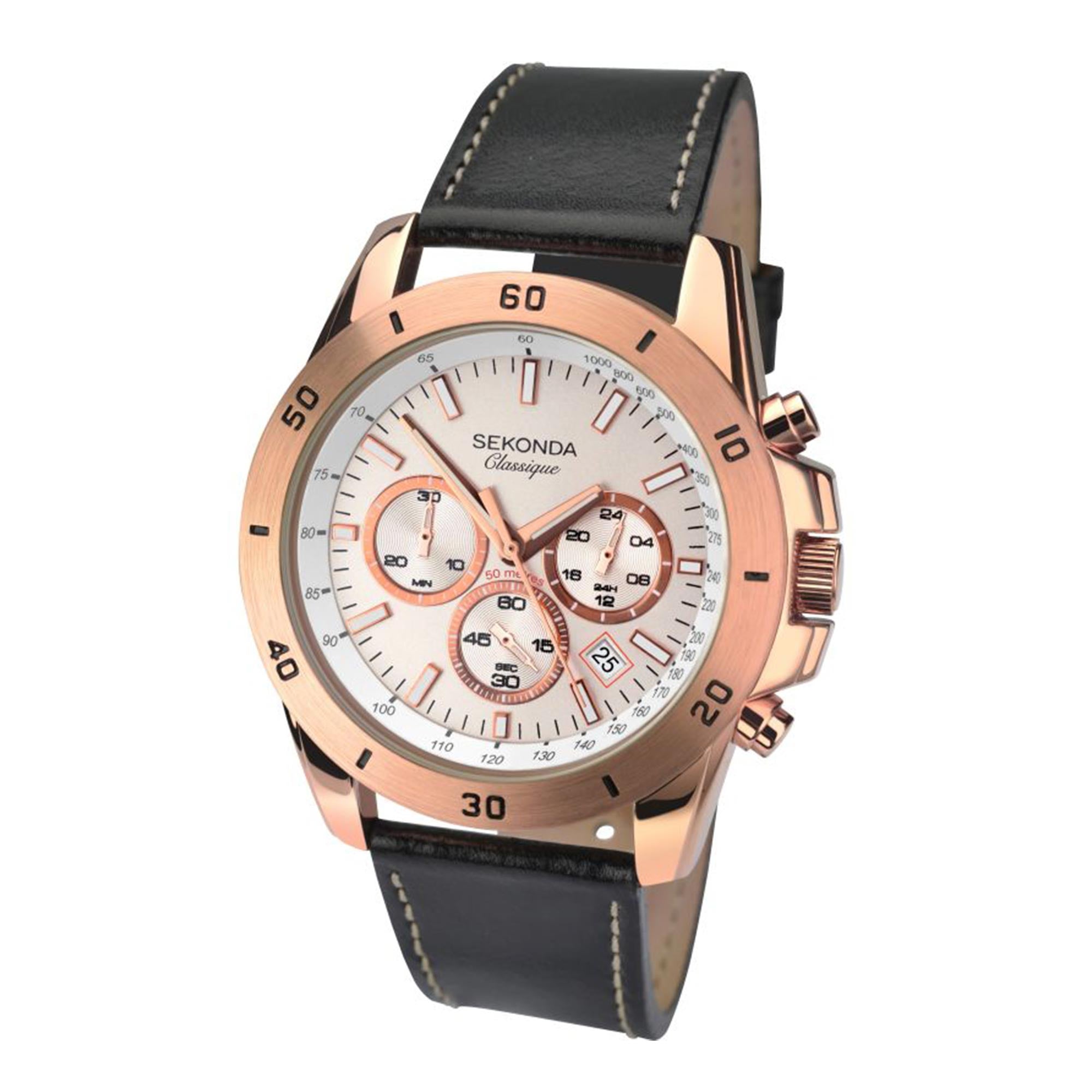 Sekonda Chronograph Quartz Silver Dial Brown Leather Strap Men's Watch 1087