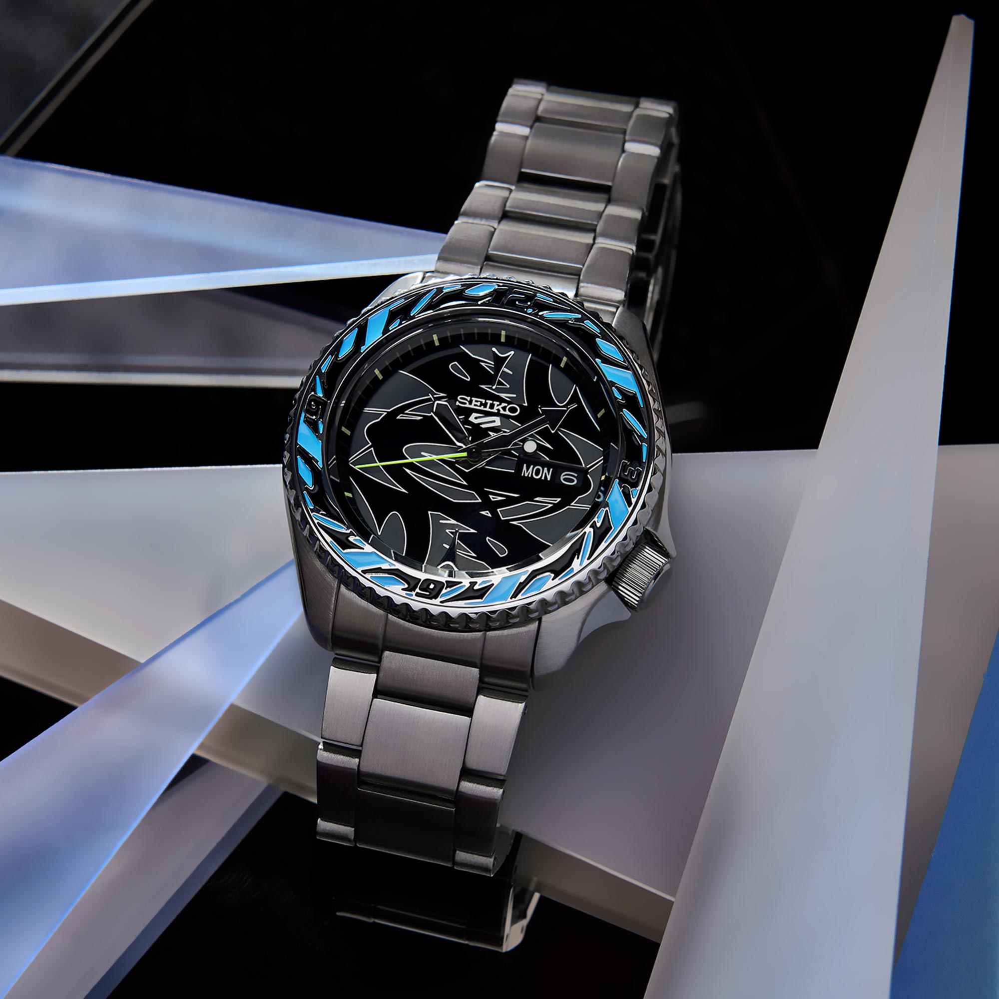 Seiko 5 Sports GucciMaze Limited Edition Automatic Black Dial Silver Stainless Steel Bracelet Men's Watch SRPG65K1