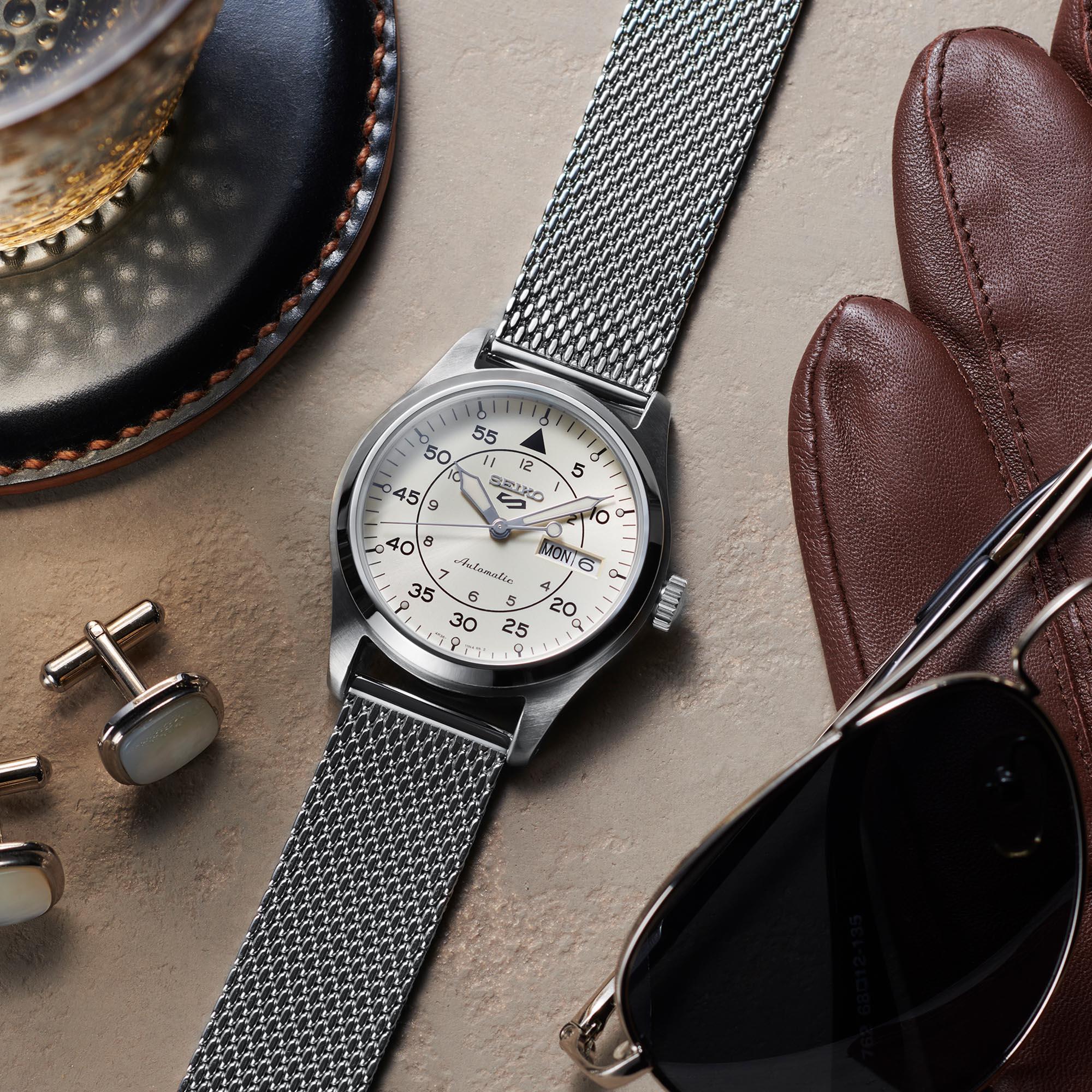 Seiko 5 Sports Flieger Pilot/Aviation Style Watchnation Exclusive Automatic Cream Dial Milanese Bracelet Watch SRPH21K1