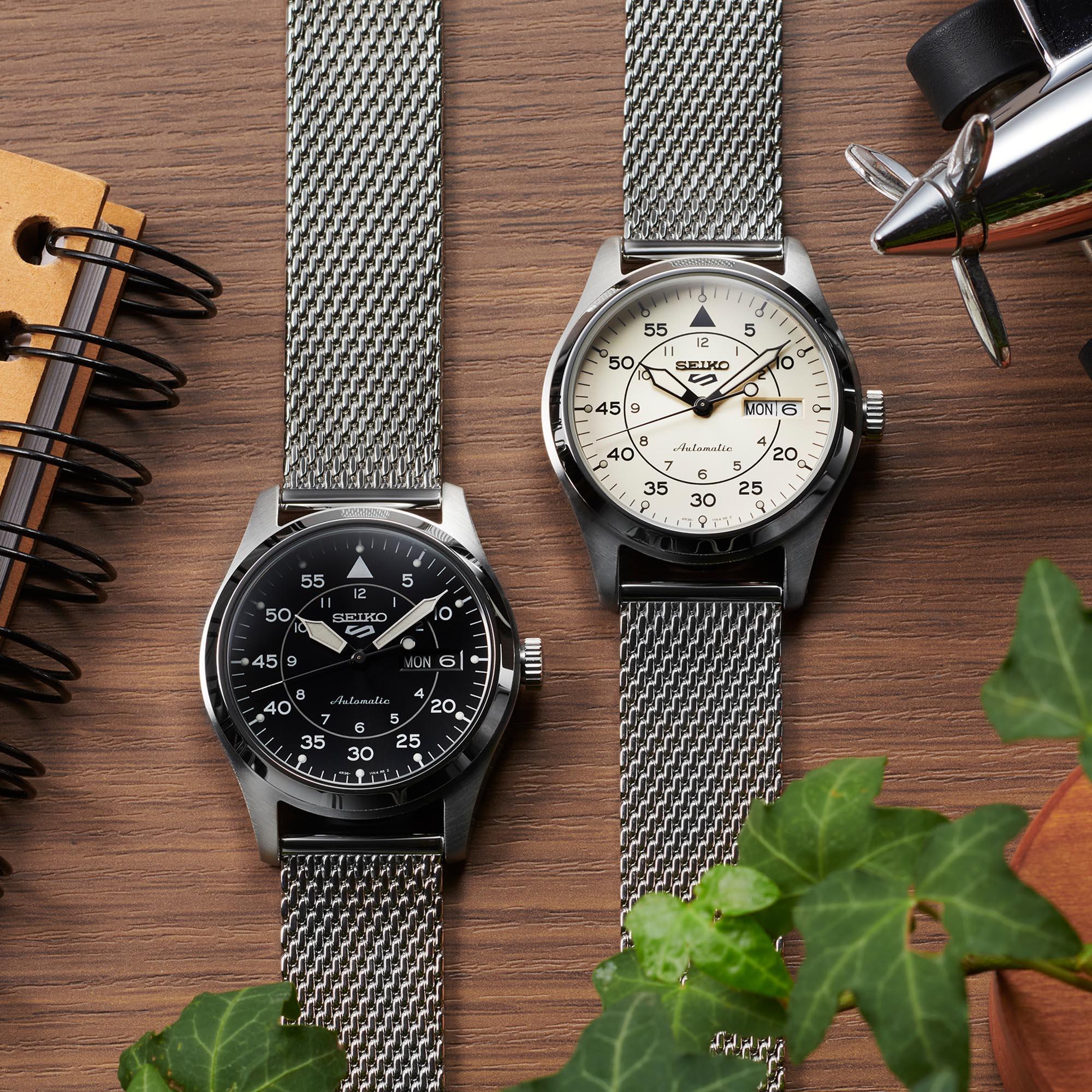 Seiko 5 Sports Flieger Pilot/Aviation Style Watchnation Exclusive Automatic Cream Dial Milanese Bracelet Watch SRPH21K1