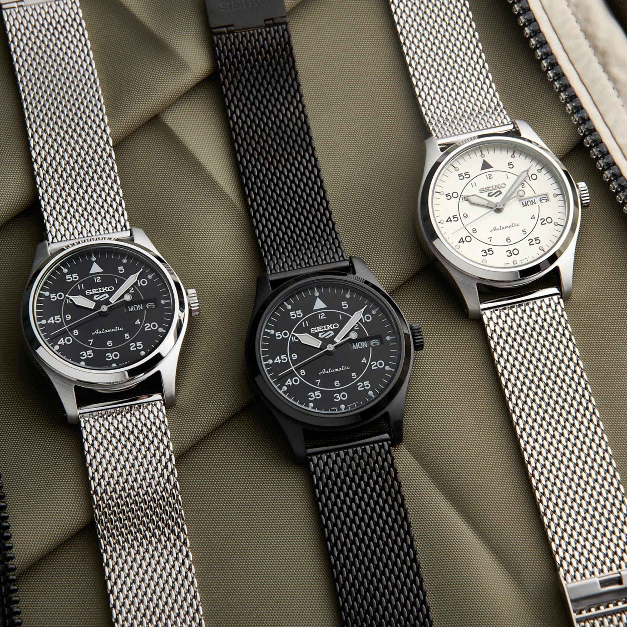 Seiko 5 Sports Flieger Pilot/Aviation Style Watchnation Exclusive Automatic Cream Dial Milanese Bracelet Watch SRPH21K1