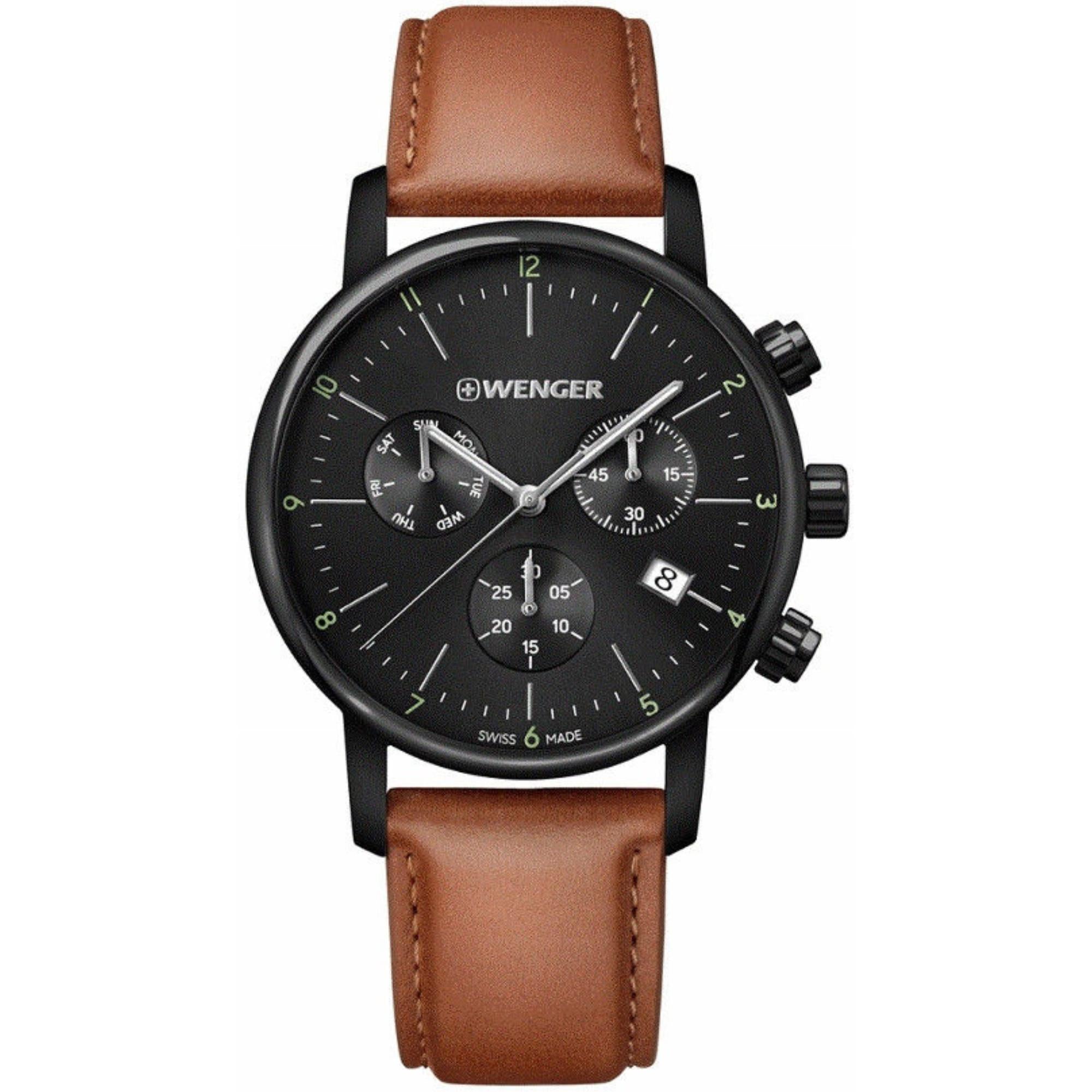 Wenger Urban Classic Chronograph Quartz Black Dial Brown Leather Strap Men's Watch 01.1743.115