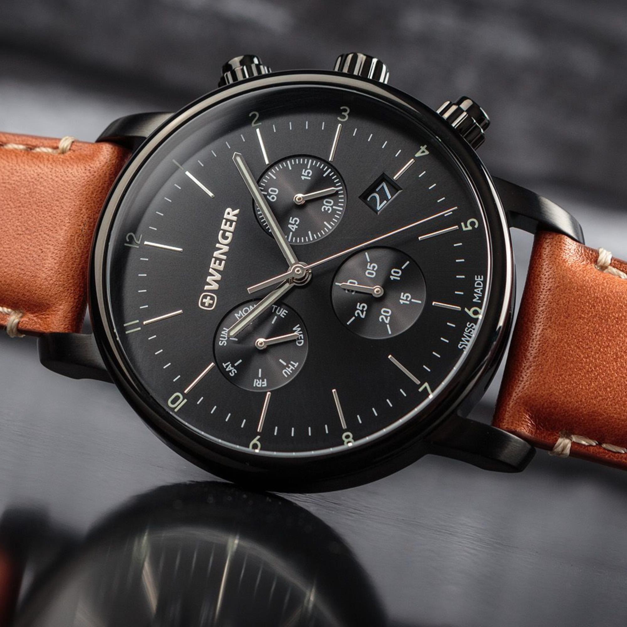 Wenger Urban Classic Chronograph Quartz Black Dial Brown Leather Strap Men's Watch 01.1743.115