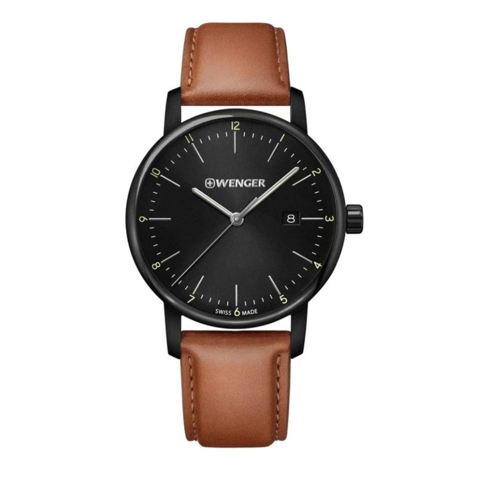 Wenger Urban Classic Quartz Black Dial Brown Leather Strap Men's Watch 01.1741.136