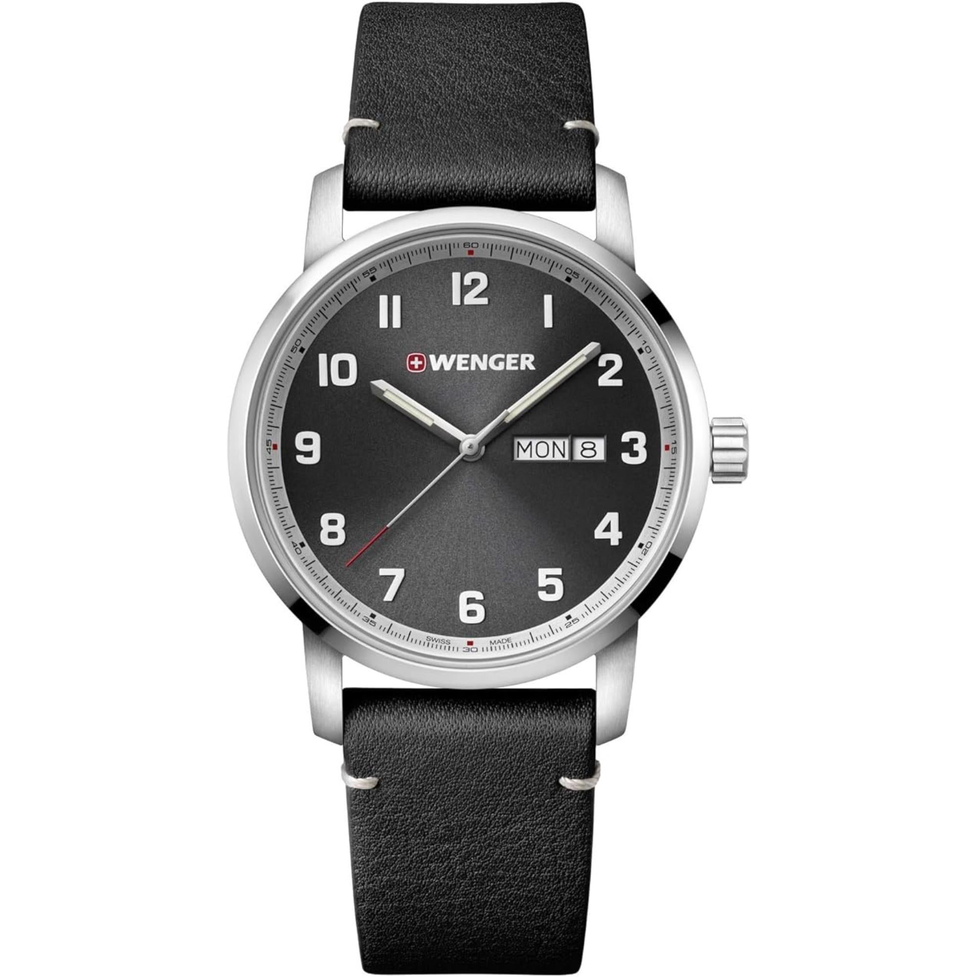 Wenger Attitude Heritage Quartz Grey Dial Black Leather Strap Men's Watch 01.1541.116