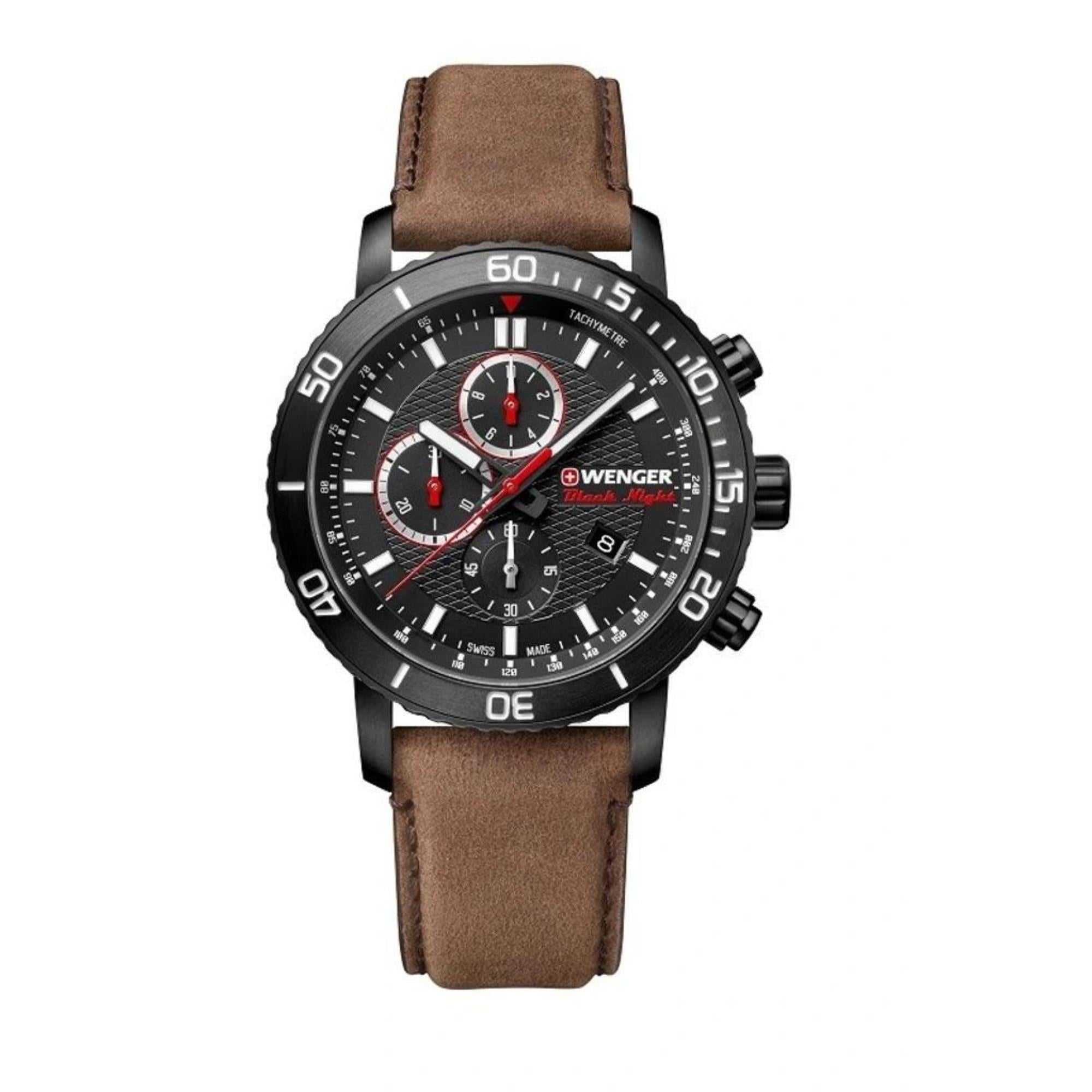 Wenger Roadster Black Night Quartz Black Dial Leather Strap Men's Watch 01.1843.107