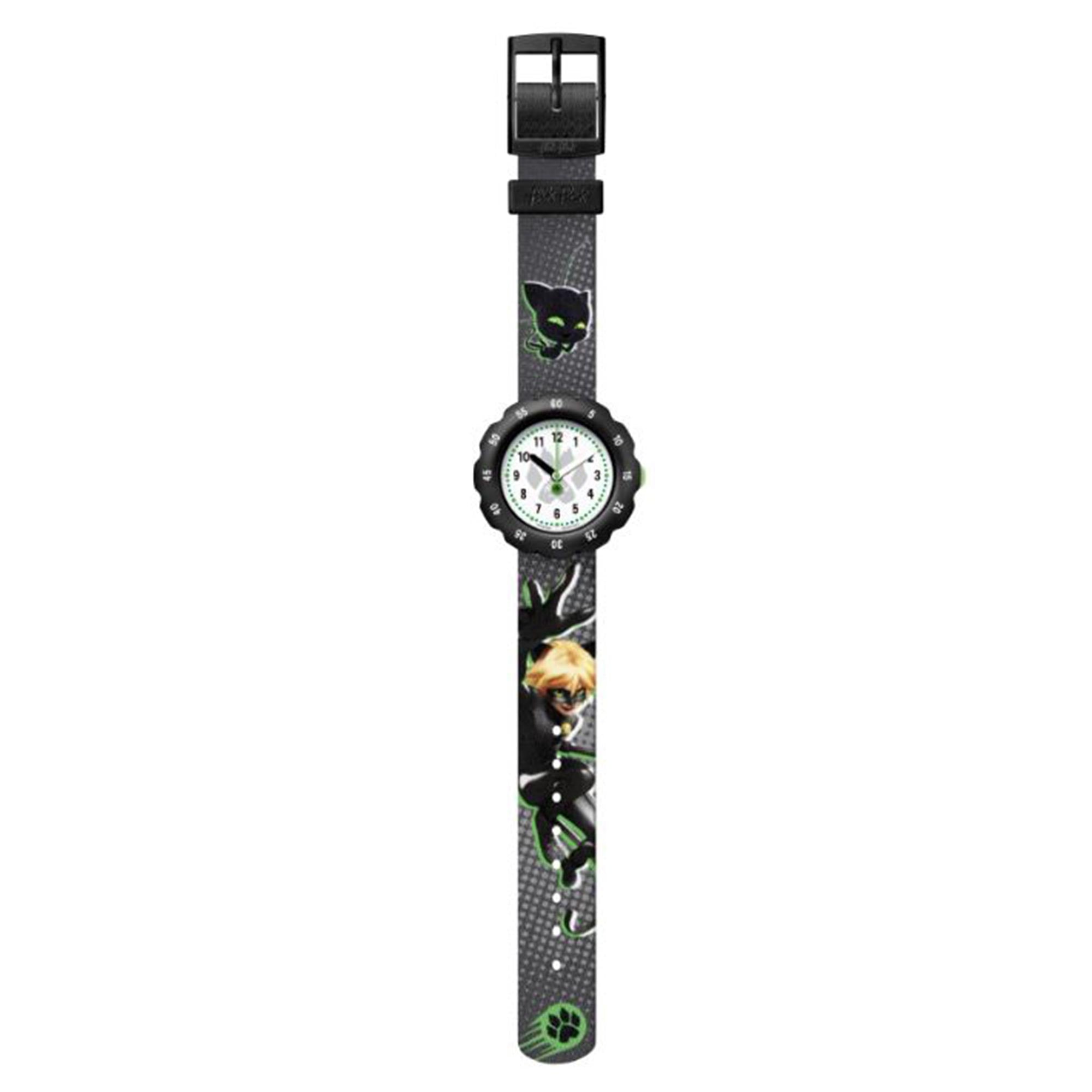 Flik-Flak Cat Noir Quartz White Dial Black Plastic Strap Childrens Watch FPSP058