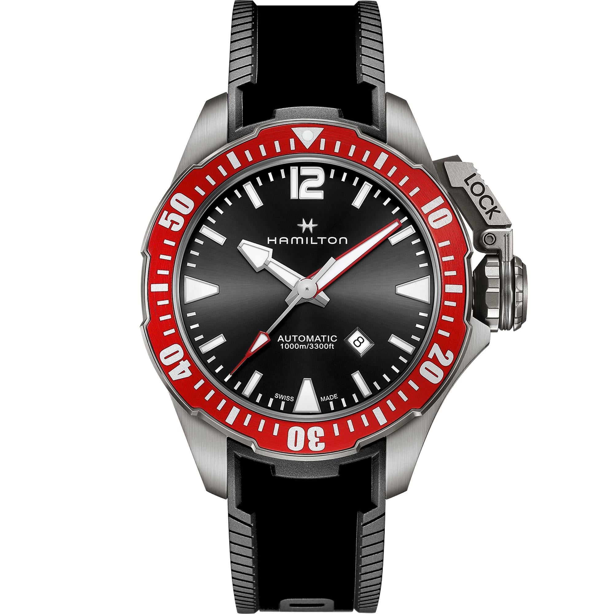 Hamilton Khaki Navy Frogman Titanium Automatic Black Dial Red Bezel Rubber Strap Men's Watch H77805335