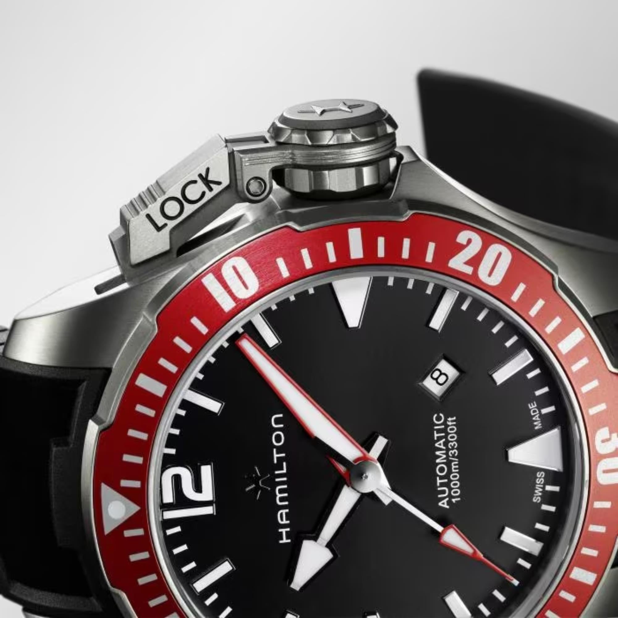 Hamilton Khaki Navy Frogman Titanium Automatic Black Dial Red Bezel Rubber Strap Men's Watch H77805335