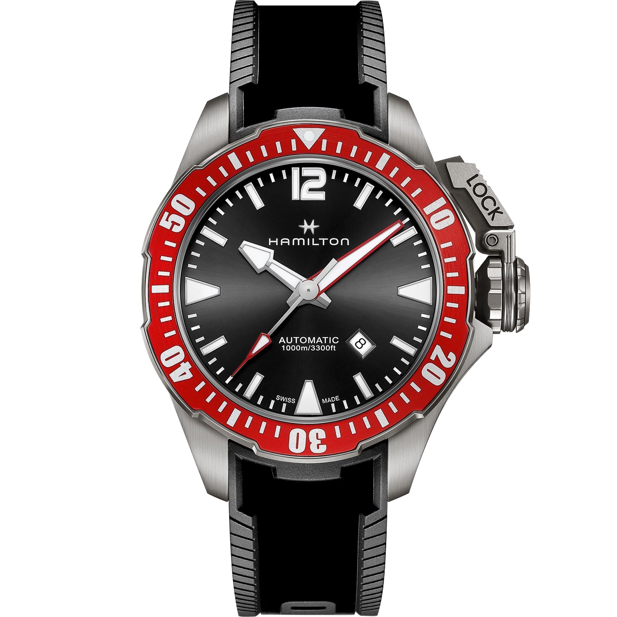 Hamilton Khaki Navy Frogman Titanium Automatic Black Dial Red Bezel Rubber Strap Men's Watch H77805335