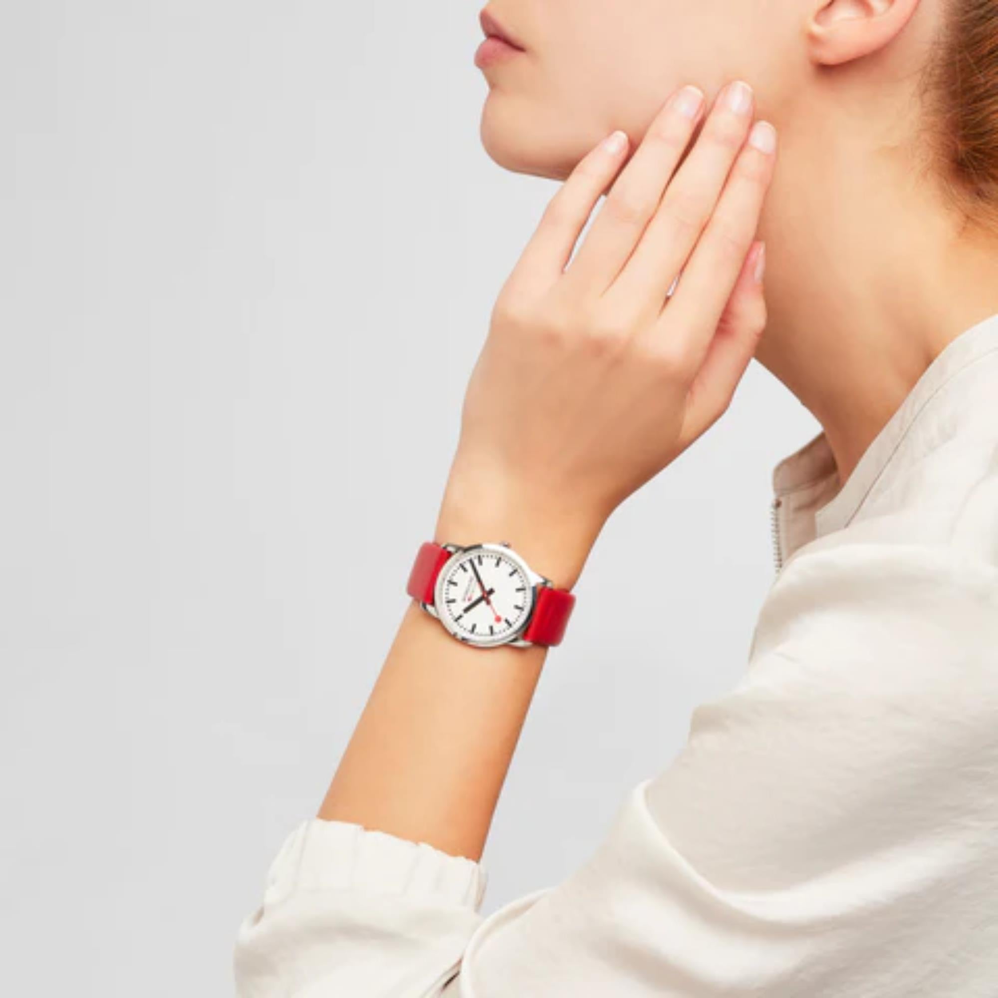 Mondaine Simply Elegant Quartz White Dial Red Leather Strap Unisex Watch A400.30351.11SBC