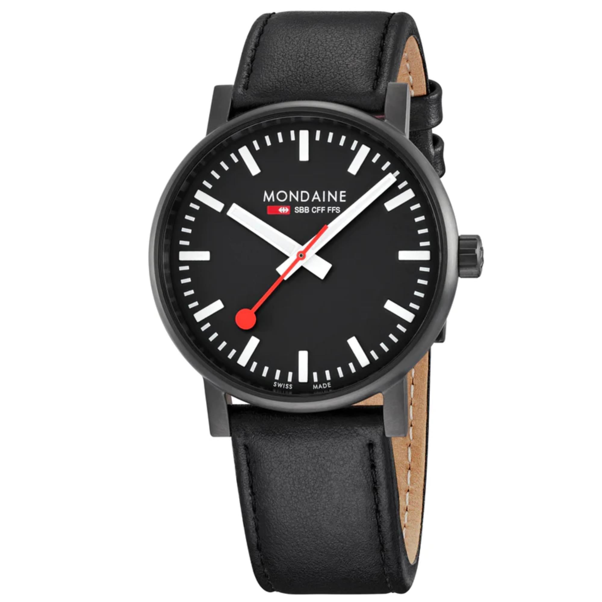 Mondaine evo2 Black IP Case Black Leather Strap Black Dial Men's Watch MSE.40121.LB 40mm