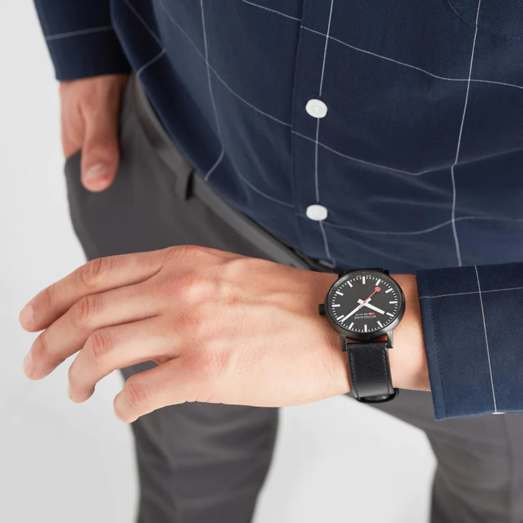 Mondaine evo2 Black IP Case Black Leather Strap Black Dial Men's Watch MSE.40121.LB 40mm