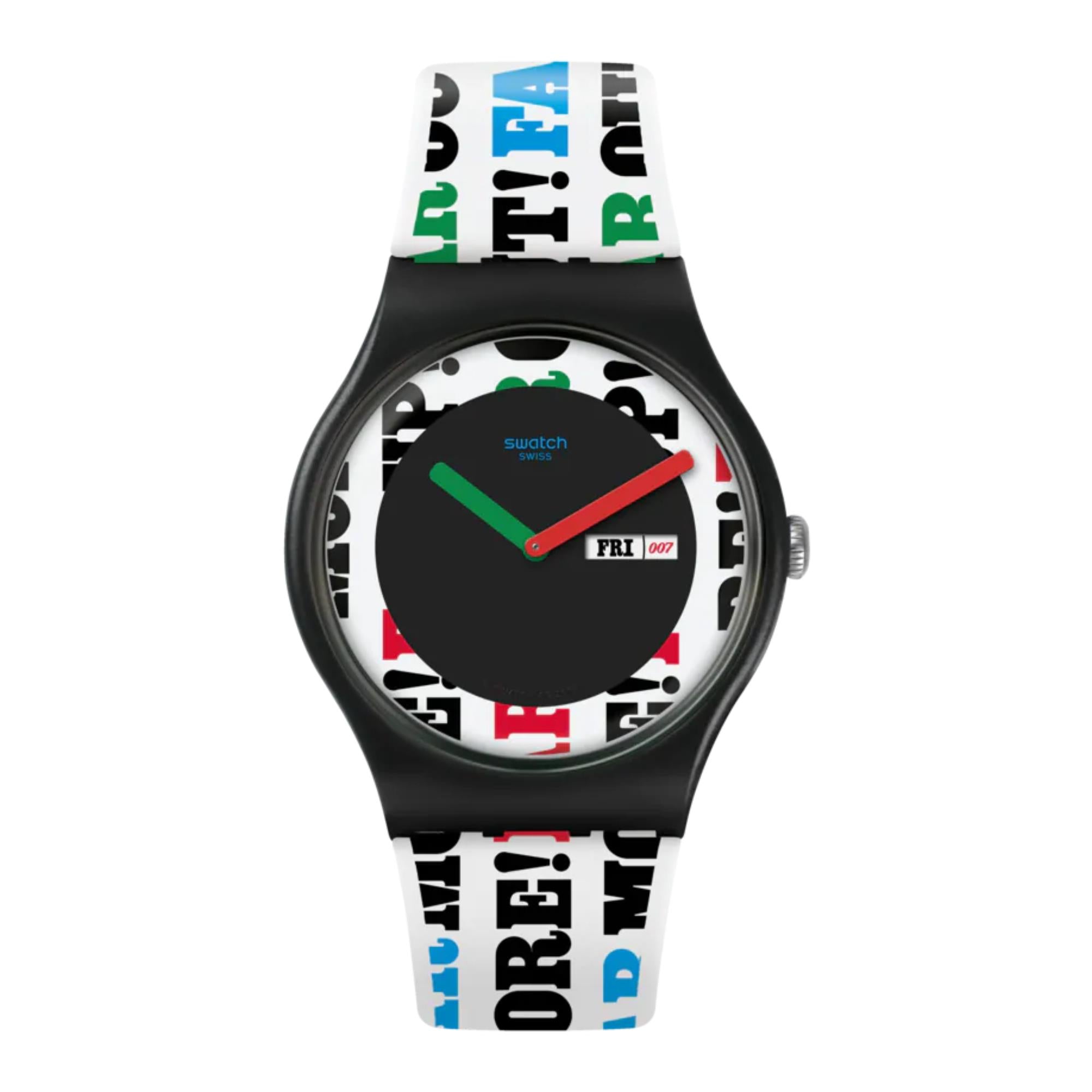 Swatch James Bond On her Majesty's Secret Service 1969 Limited Special Edition White &; Black Dial Multi Colour Text Strap Watch SUOZ715