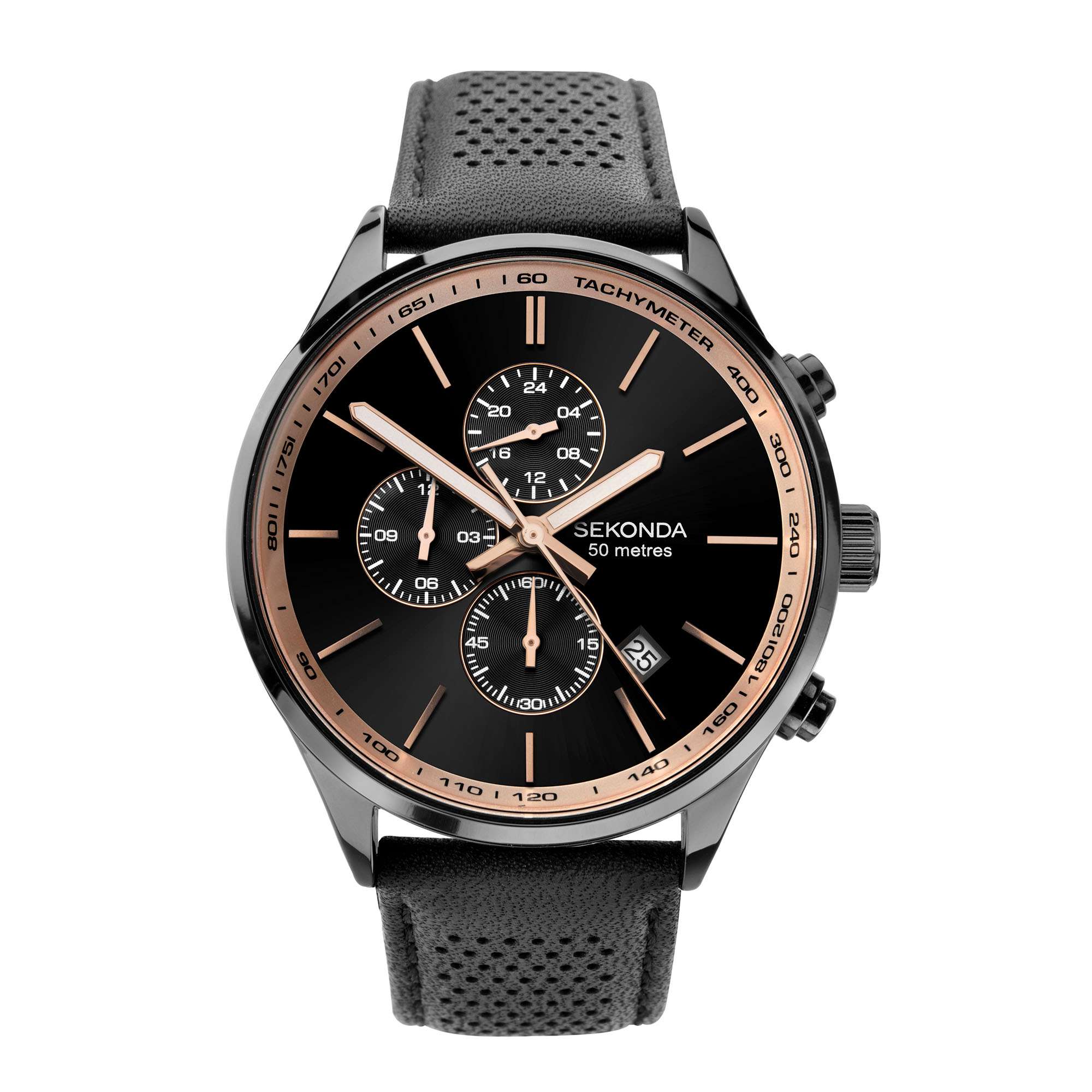 Sekonda Chronograph Quartz Black Dial Black Leather Strap Men's Watch 1774