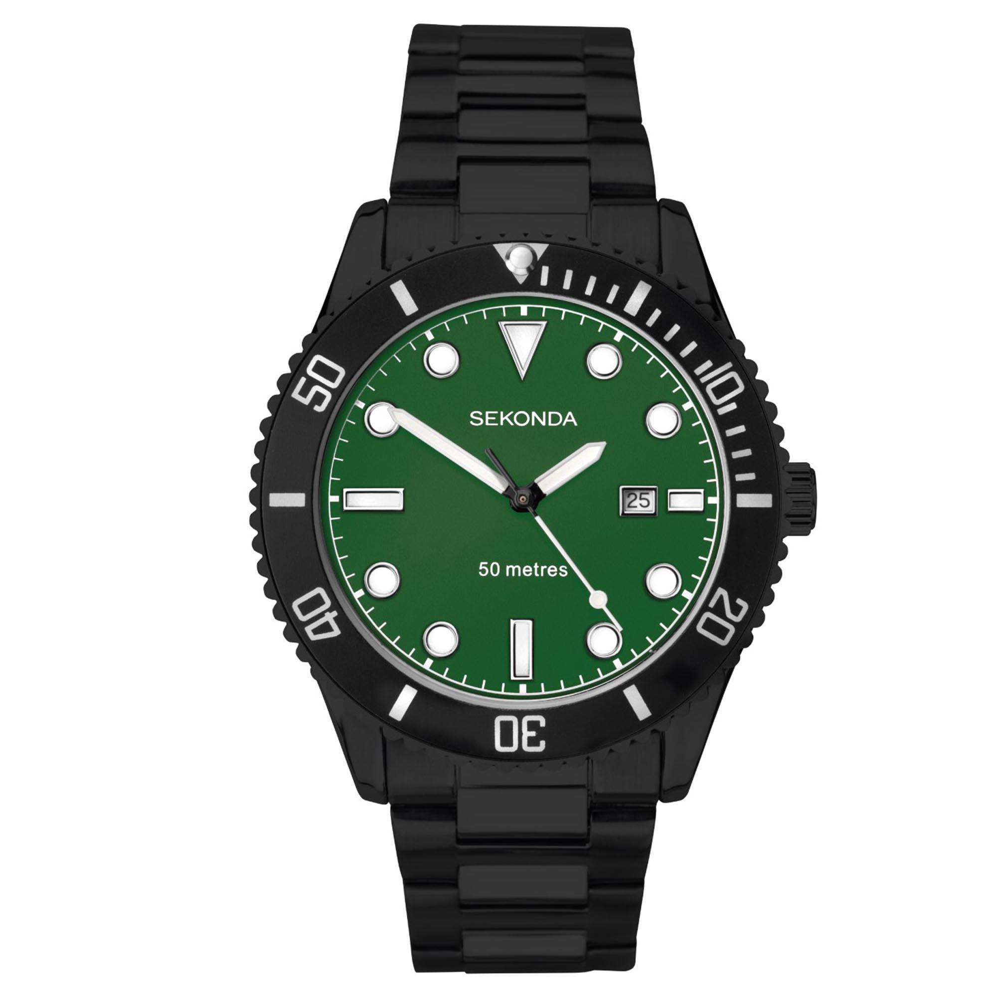 Sekonda Sports Dive Style Green Dial Black Steel Bracelet Men's Watch 1983