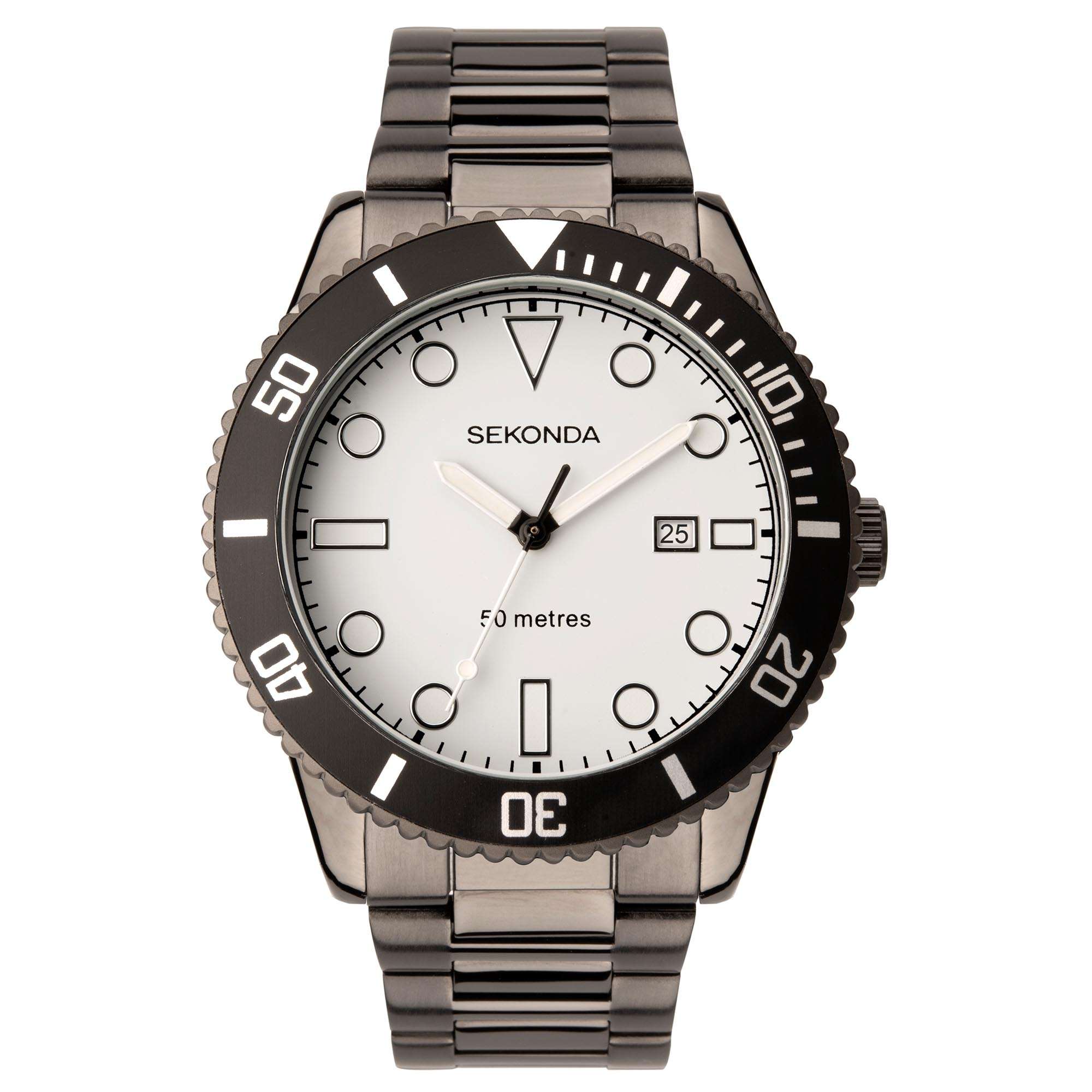 Sekonda Sports Quartz White Dial Gun Metal Grey IP Steel Bracelet Men's Watch 1987