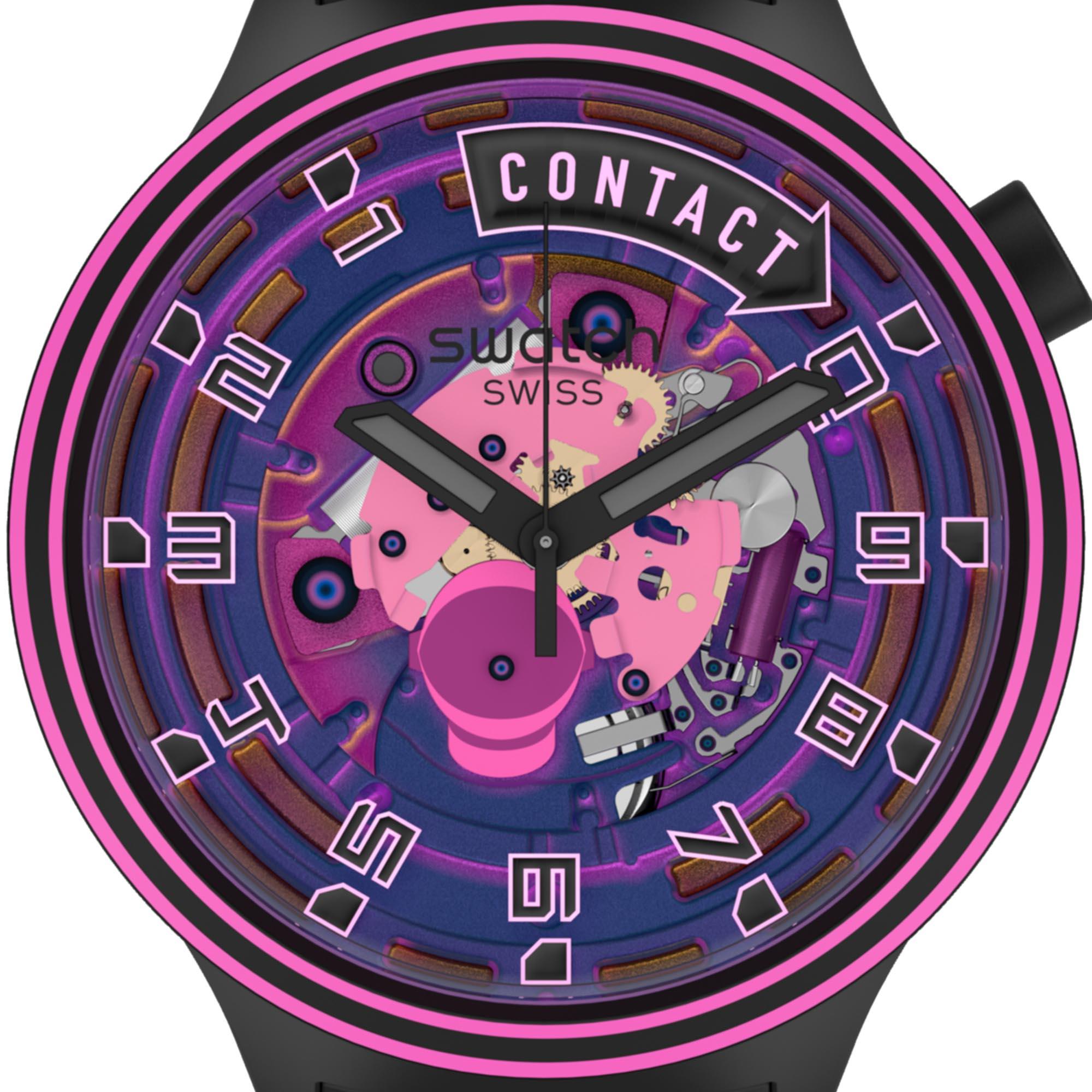 Swatch Big Bold Touchdown! Transparent Dial Black Silicone Strap Watch SB01B126
