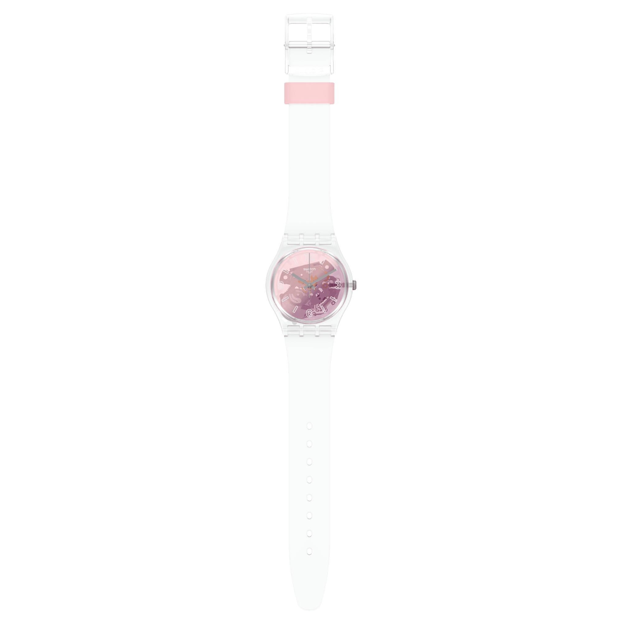 Swatch Pink Disco Fever Quartz Pink Dial White Silicone Strap Watch GE290