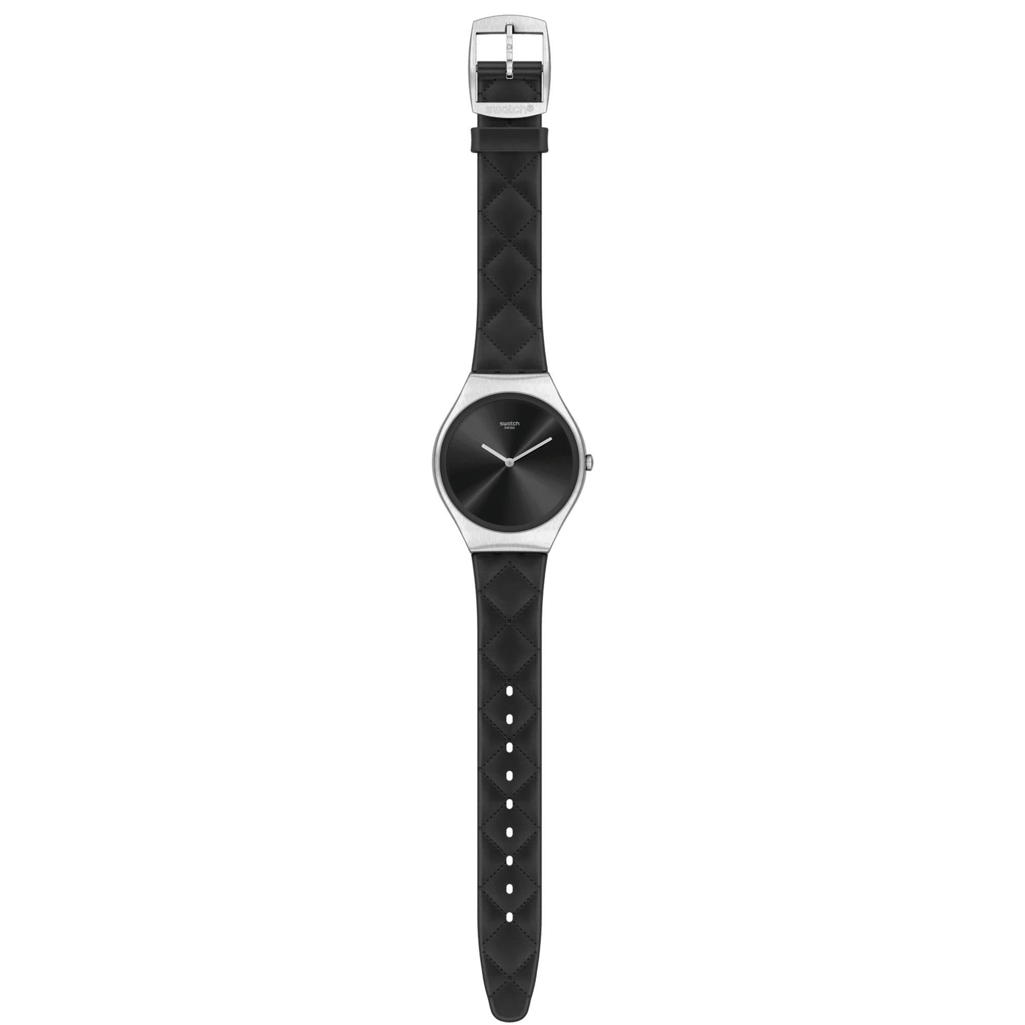 Swatch Irony Quartz Black Dial Black Leather Strap Ladies Watch SYXS136
