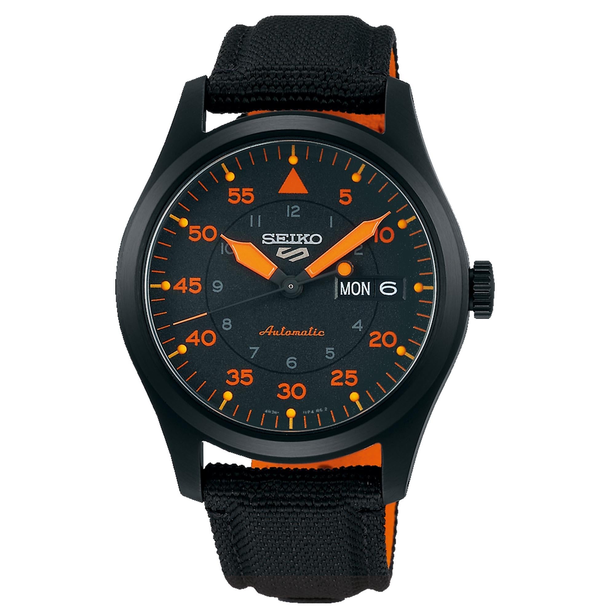 Seiko 5 Flieger Pilot/Aviation Style Automatic Black and Orange Dial Canvas Strap Men's Watch SRPH33K1