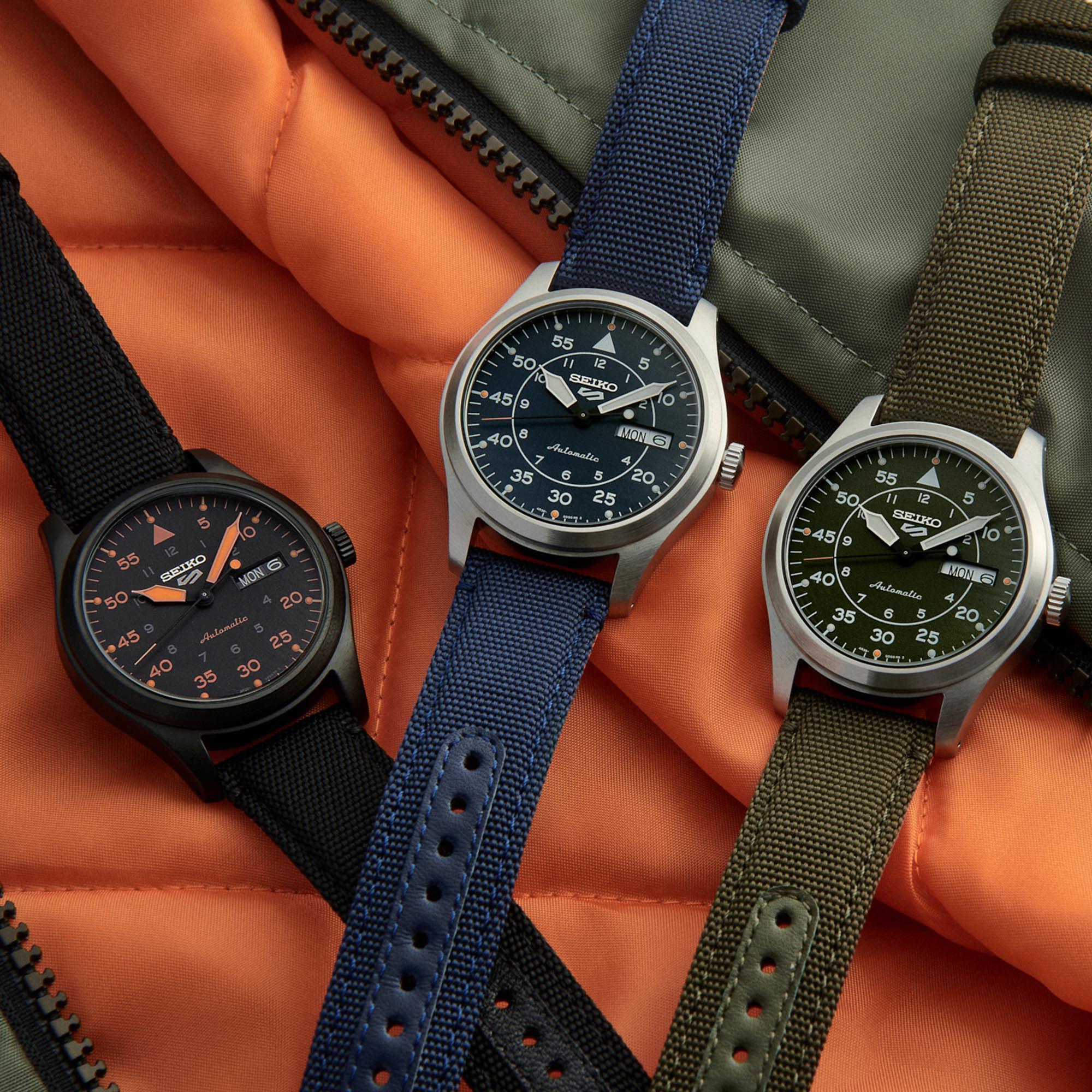 Seiko 5 Flieger Pilot/Aviation Style Automatic Black and Orange Dial Canvas Strap Men's Watch SRPH33K1