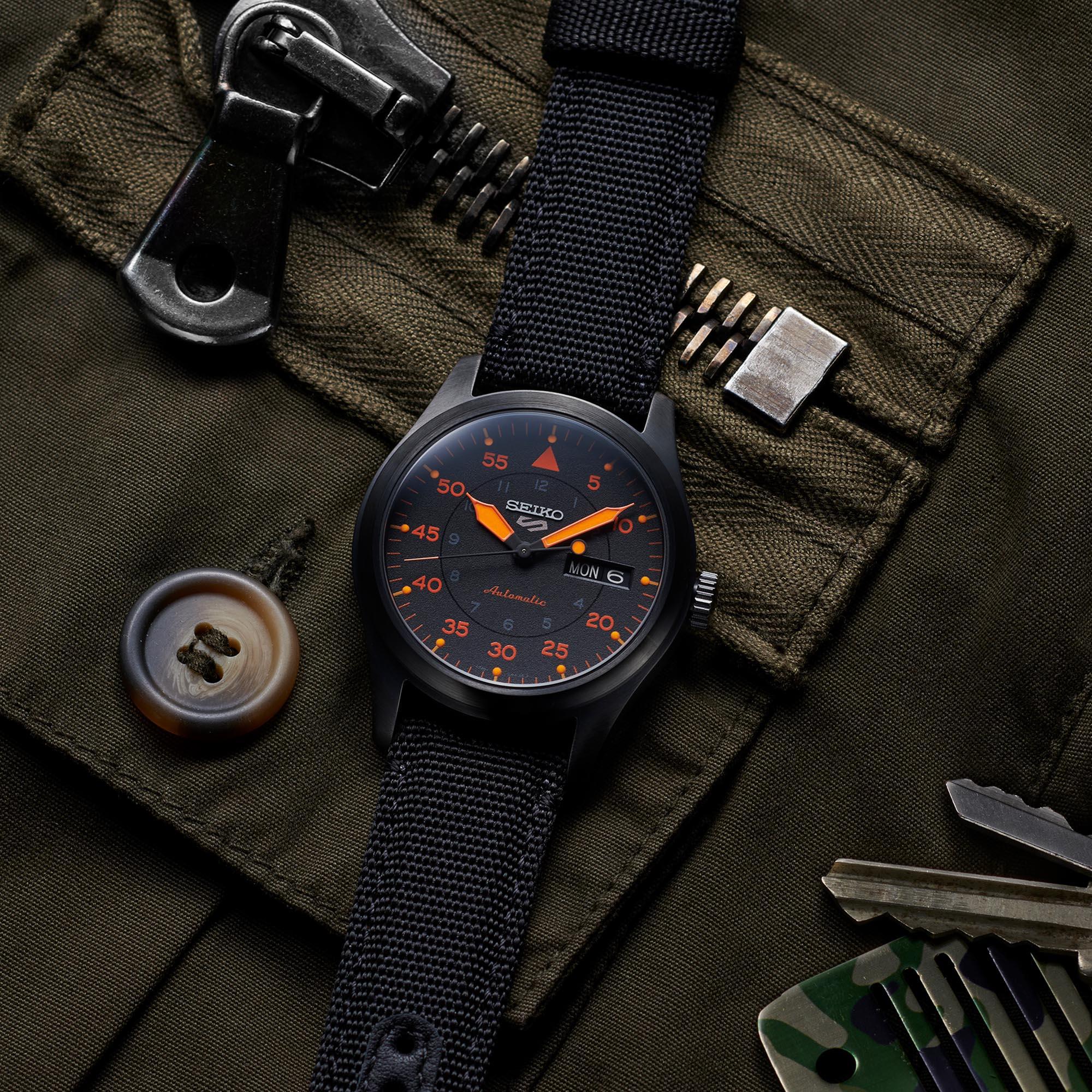 Seiko 5 Flieger Pilot/Aviation Style Automatic Black and Orange Dial Canvas Strap Men's Watch SRPH33K1