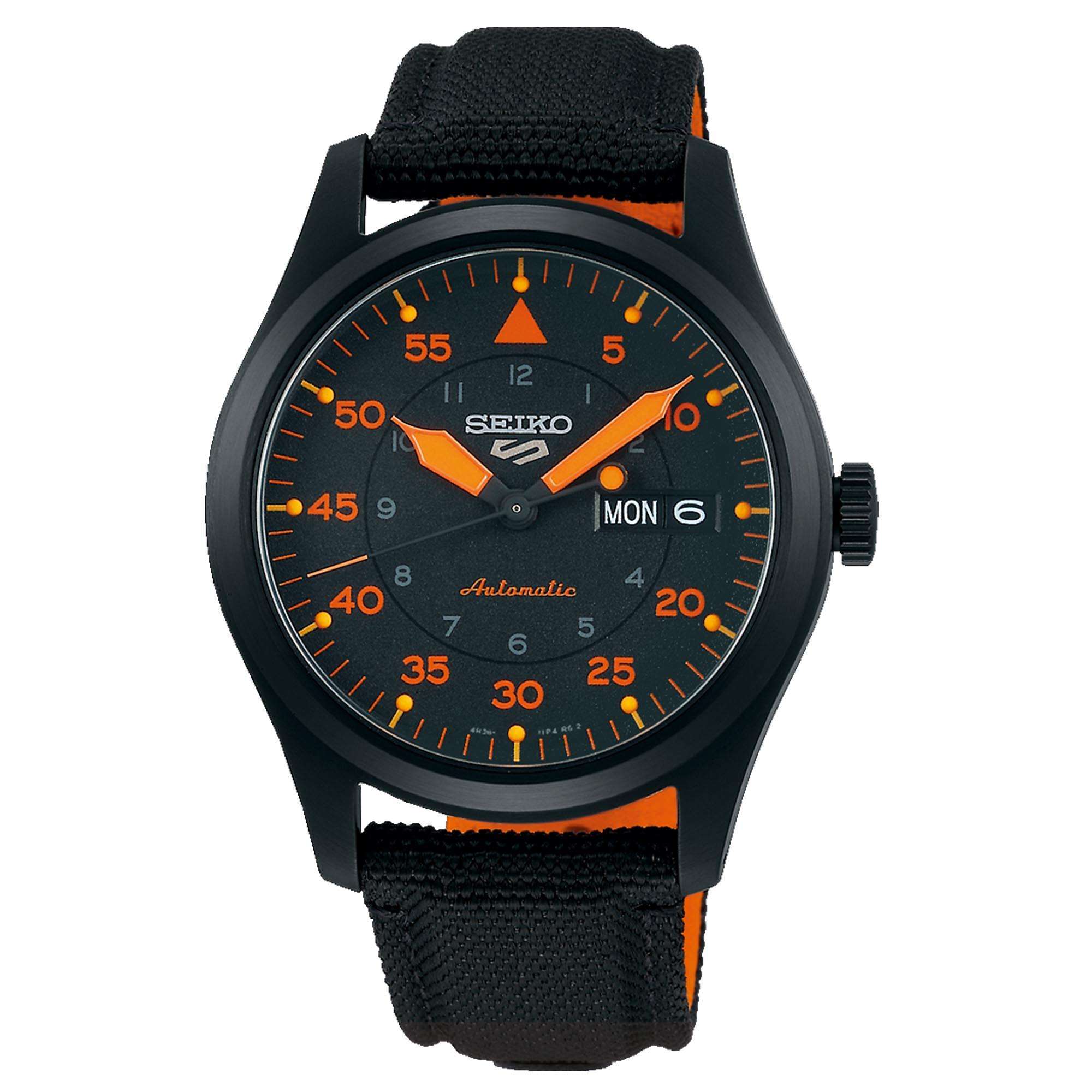 Seiko 5 Flieger Pilot/Aviation Style Automatic Black and Orange Dial Canvas Strap Men's Watch SRPH33K1