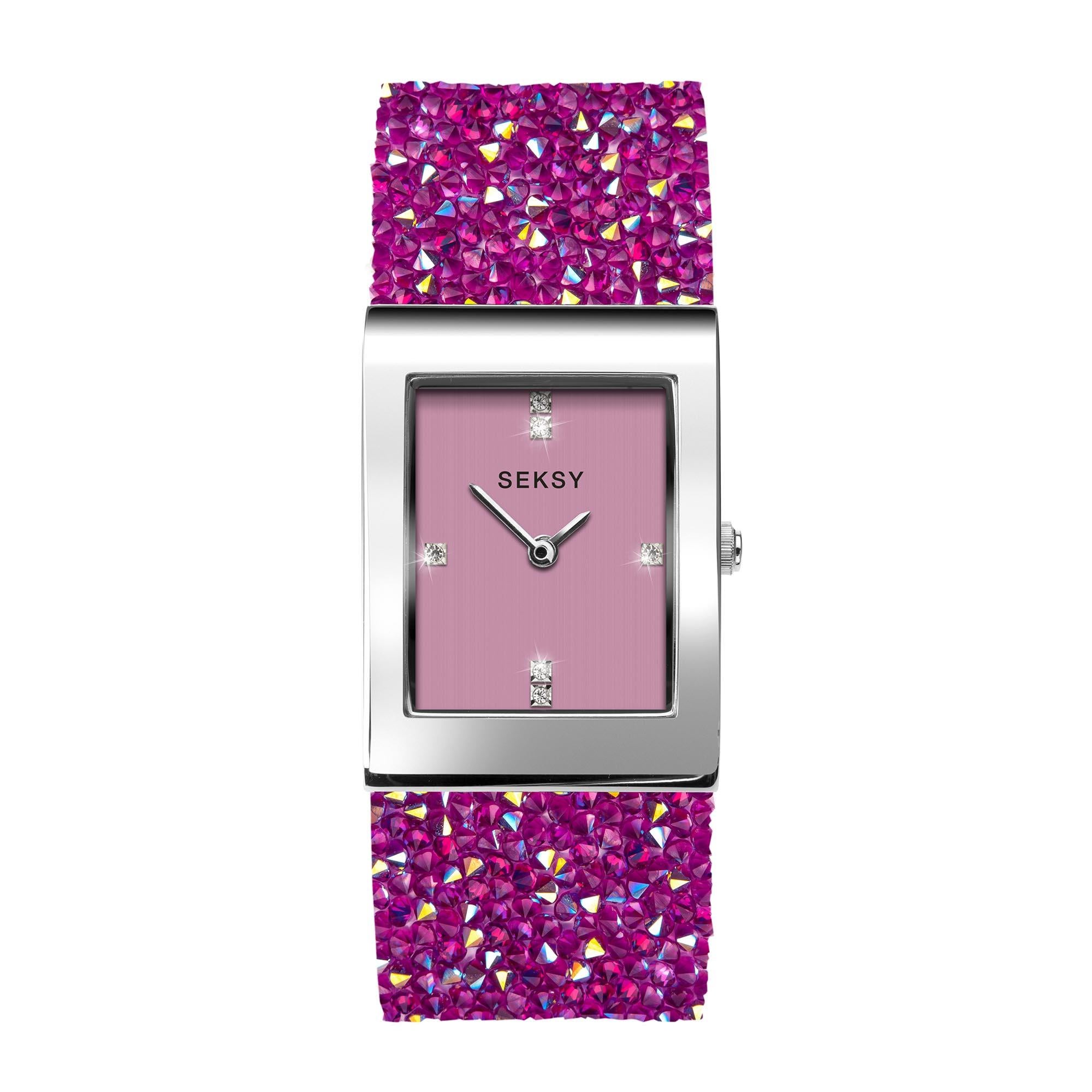Seksy Dress Quartz Pink Dial White Leather Strap Ladies Watch 2856