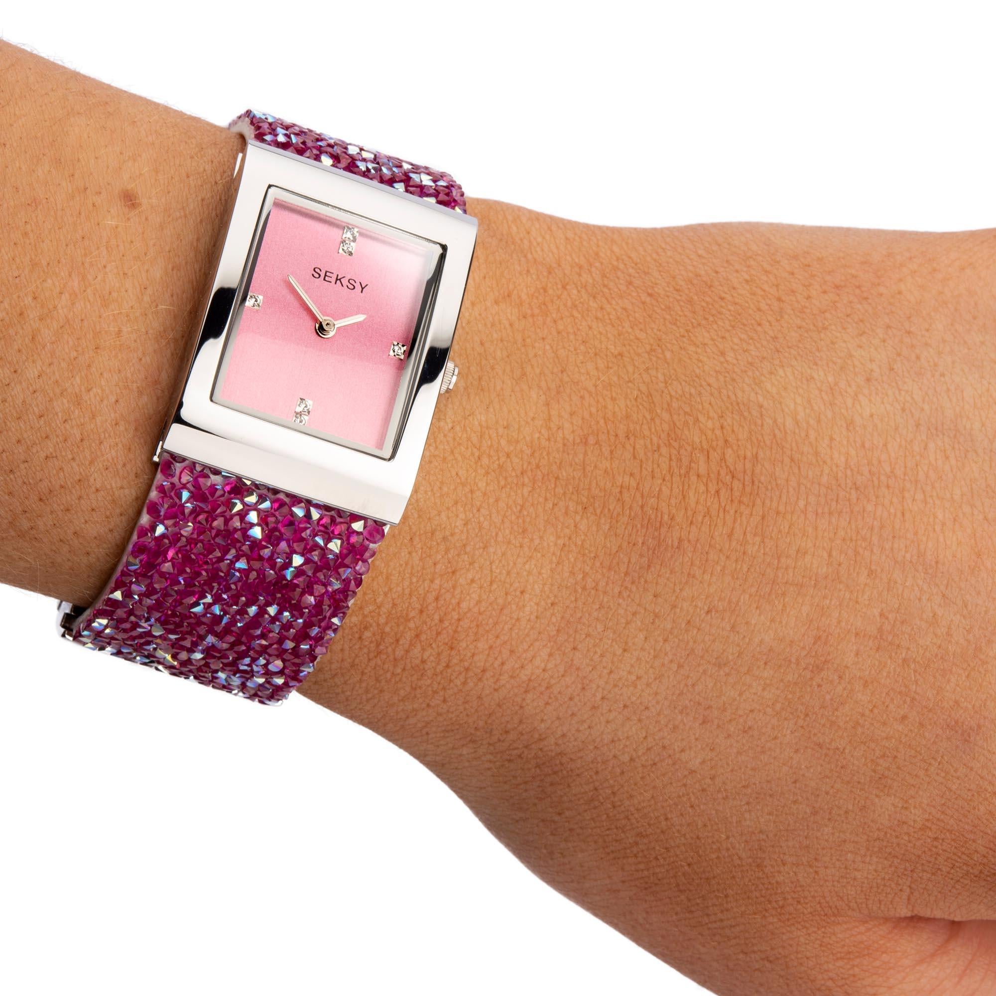 Seksy Dress Quartz Pink Dial White Leather Strap Ladies Watch 2856
