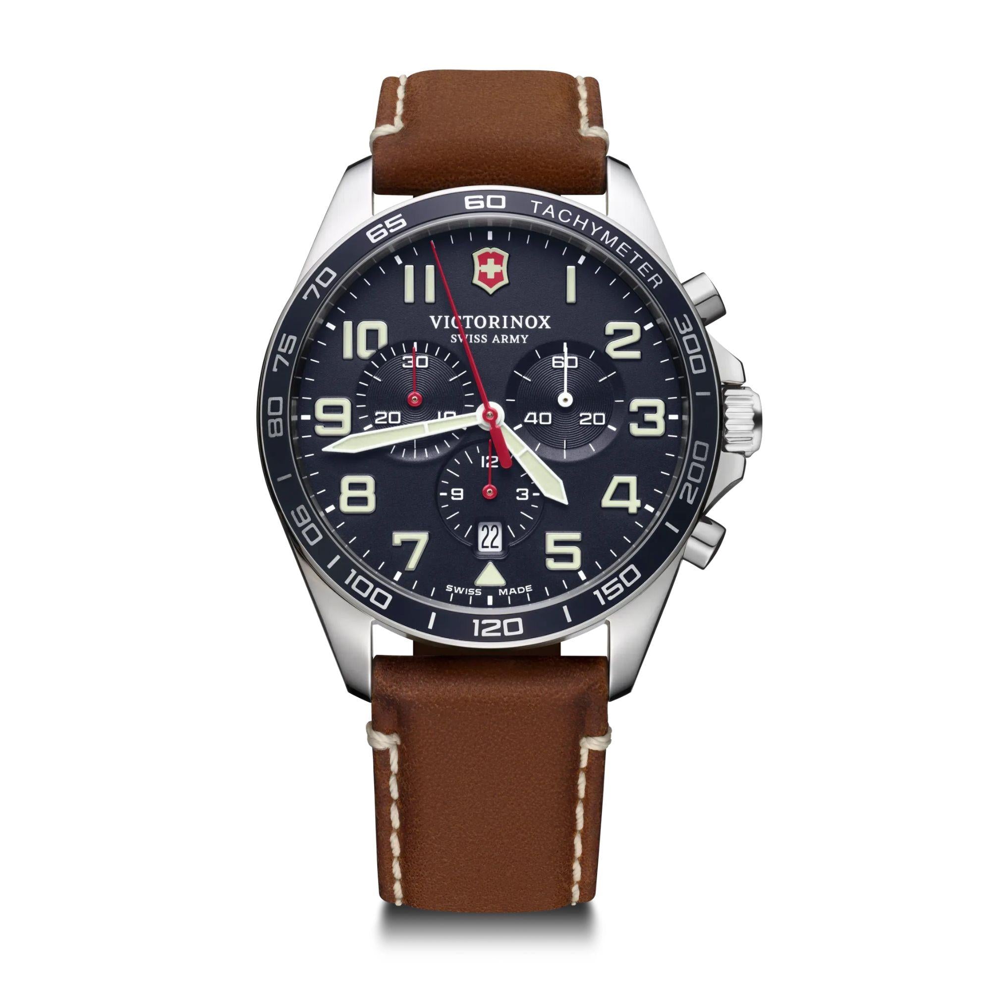 Victorinox Swiss Army Field Force Chronograph Blue Dial Brown Leather Strap Men's Watch 241854