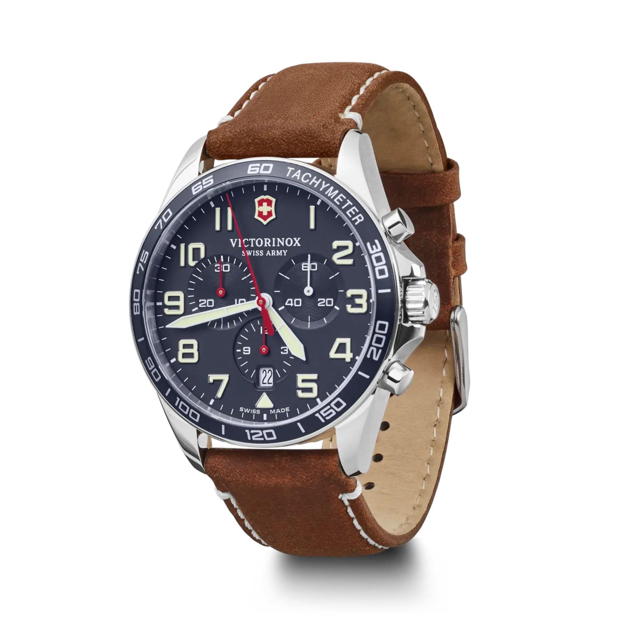 Victorinox Swiss Army Field Force Chronograph Blue Dial Brown Leather Strap Men's Watch 241854