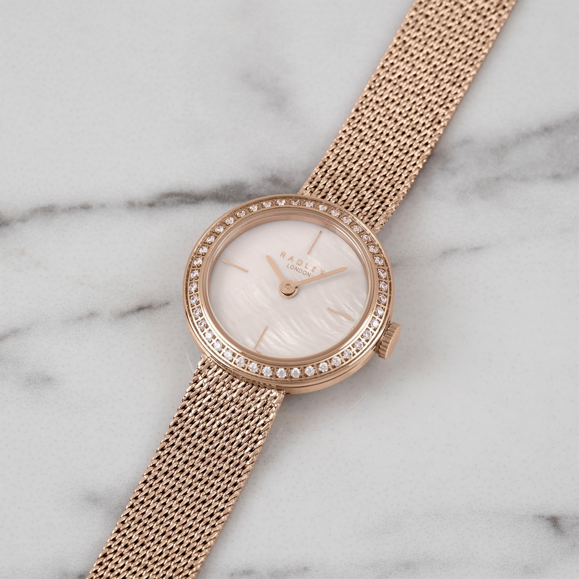 Radley Quartz Pink Dial Gold Milanese Brass Bracelet Ladies Watch RY4570