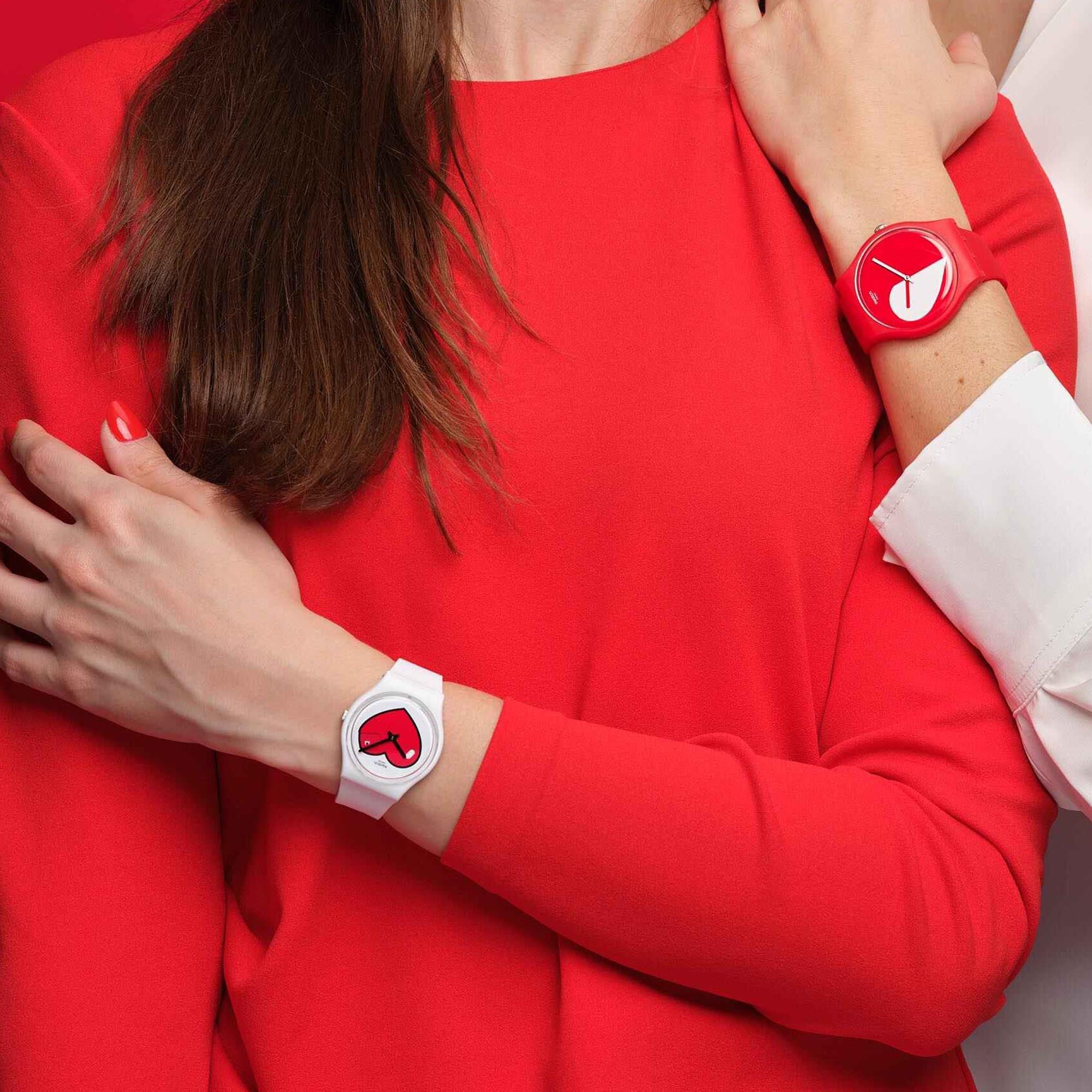 Swatch New Gent Half <3 White Quartz Red Dial Red Silicone Strap Unisex Watch SO29Z112