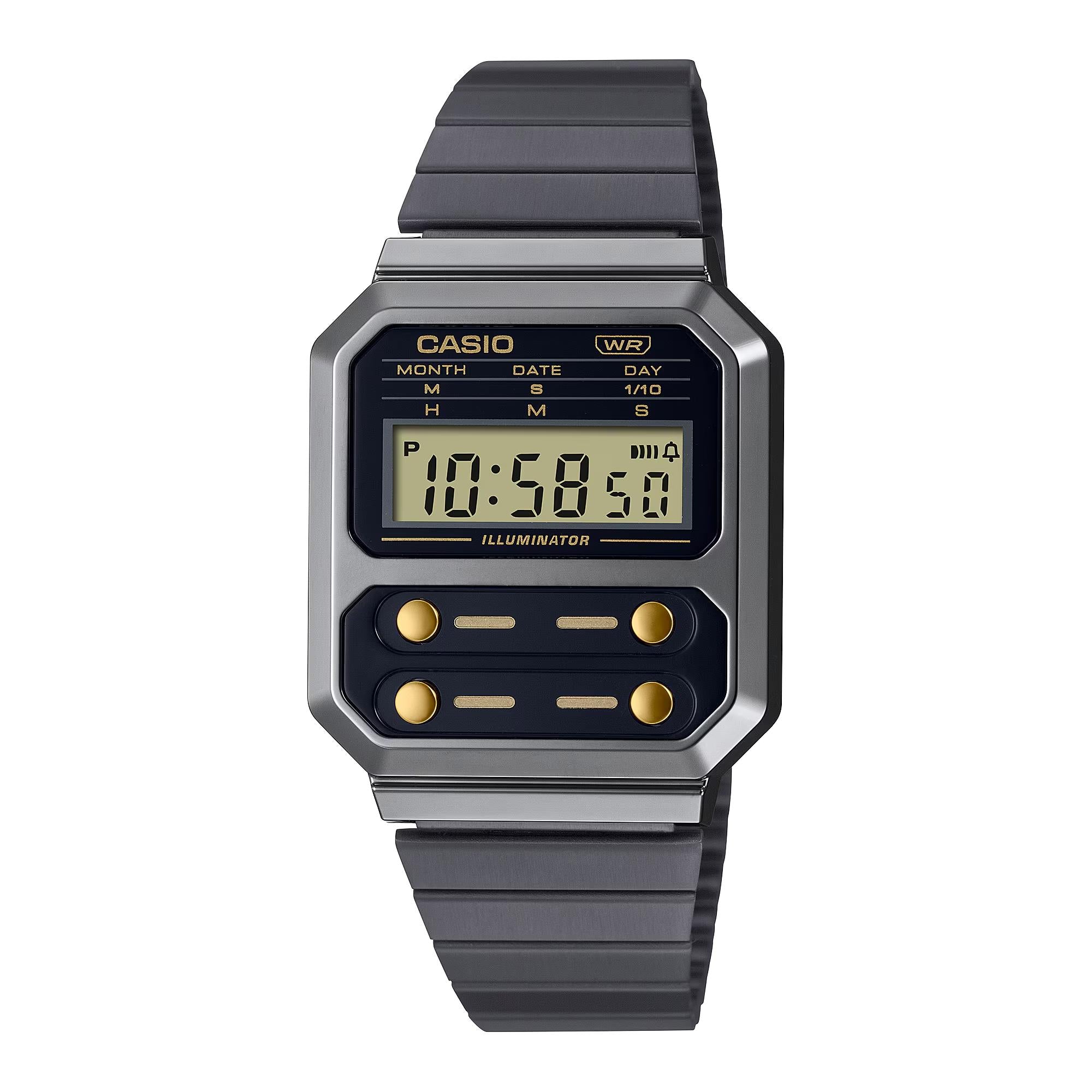 Casio Collection Vintage Edgy Quartz Digital Black/Gunmetal Grey IP Plated Steel Watch A100WEGG-1A2EF