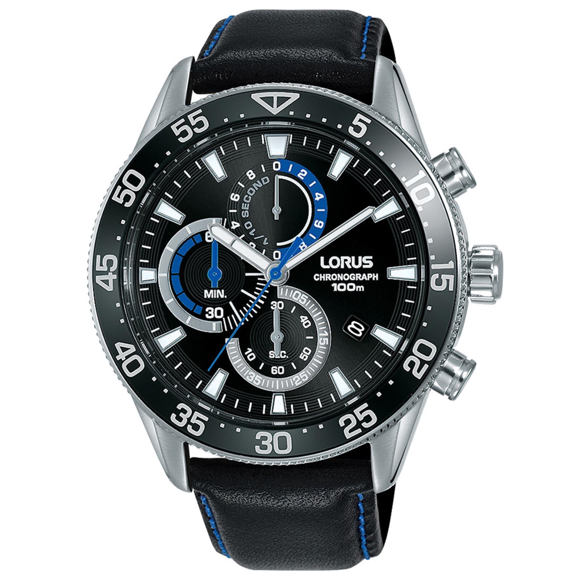 Lorus Sports Quartz Black Dial Black Leather Strap Men's Watch RM343FX9