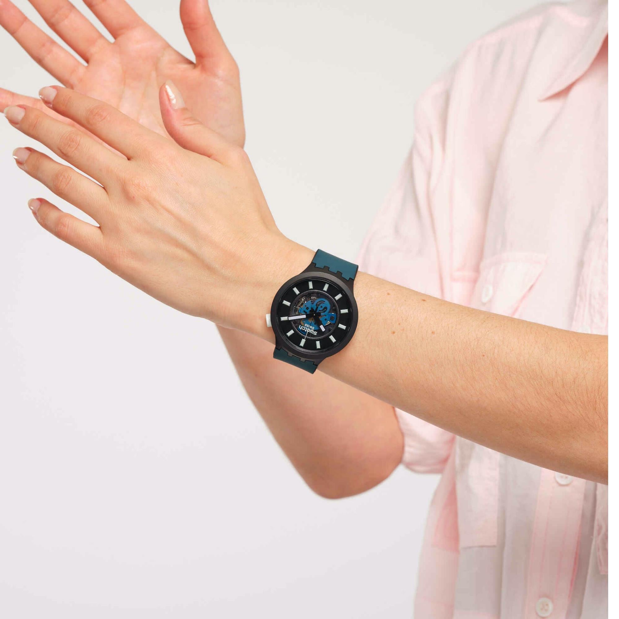 Swatch Big Bold Bioceramic Night Trip Quartz Black Dial Blue Silicone Strap Men's Watch SB03B107