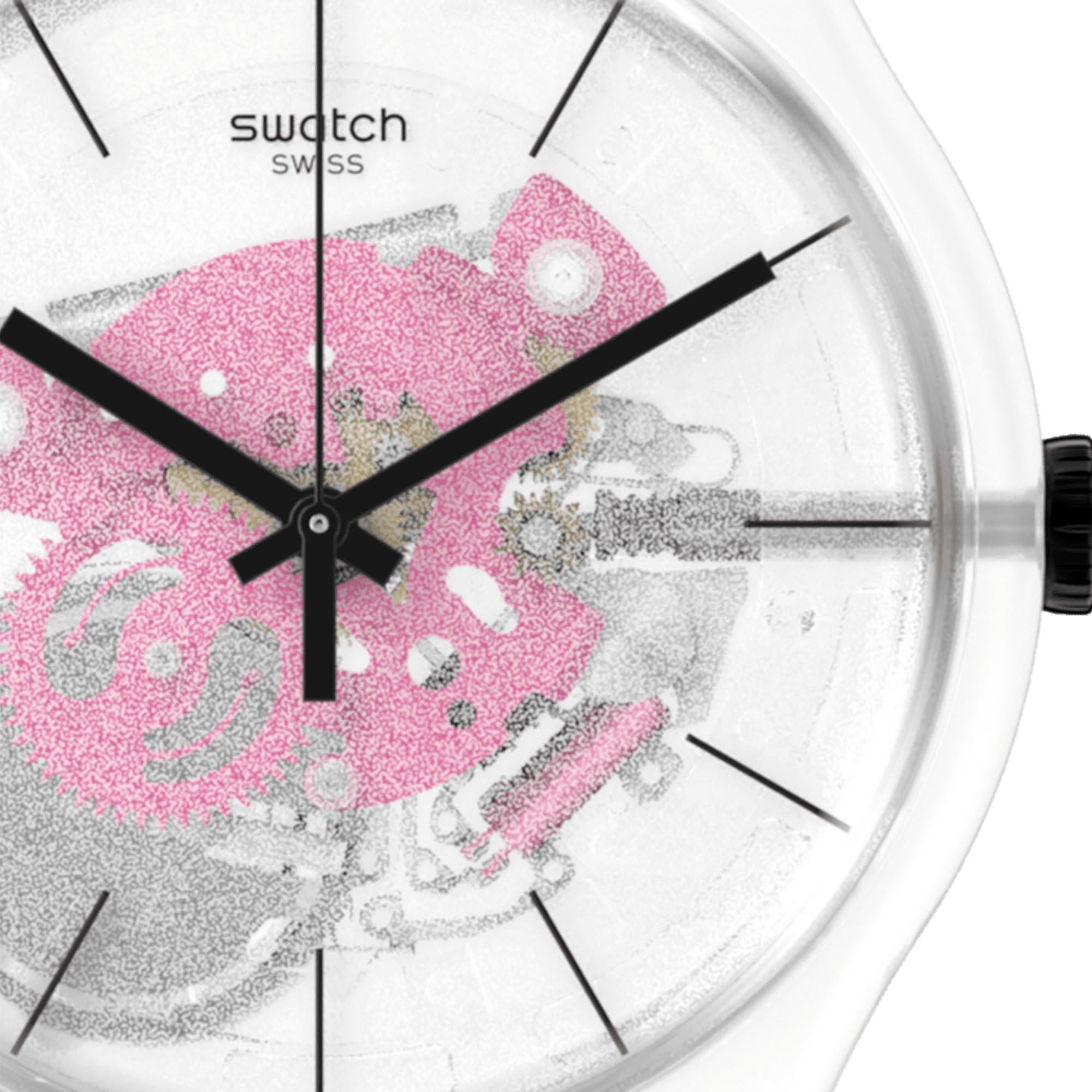 Swatch New Gent Pink Daze Quartz Transparnet Dial Pink Strap Ladies Watch SO29K107