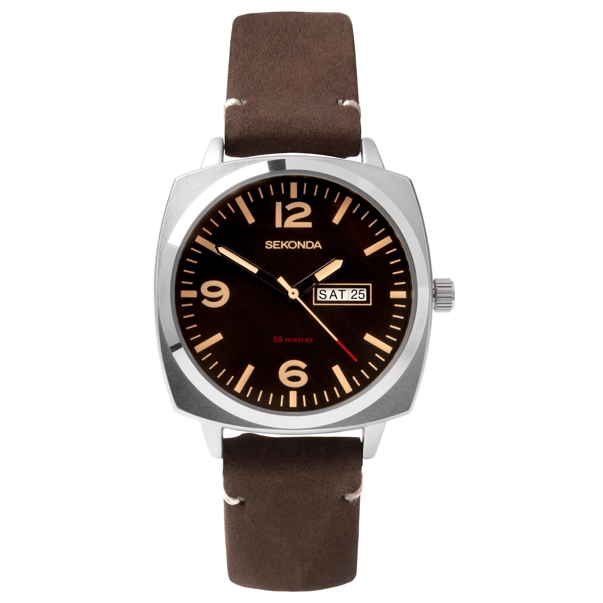 Sekonda Airborne Quartz Black Dial Brown Strap Men's Watch 1988