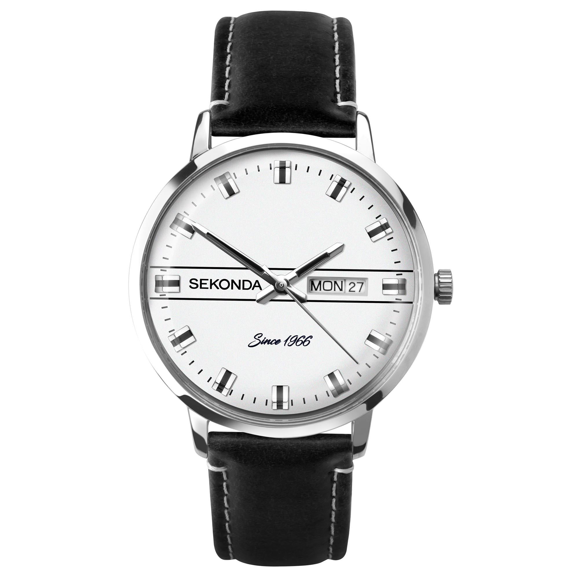 Sekonda Classic Quartz White Dial Black Leather Strap Men's Watch 1948