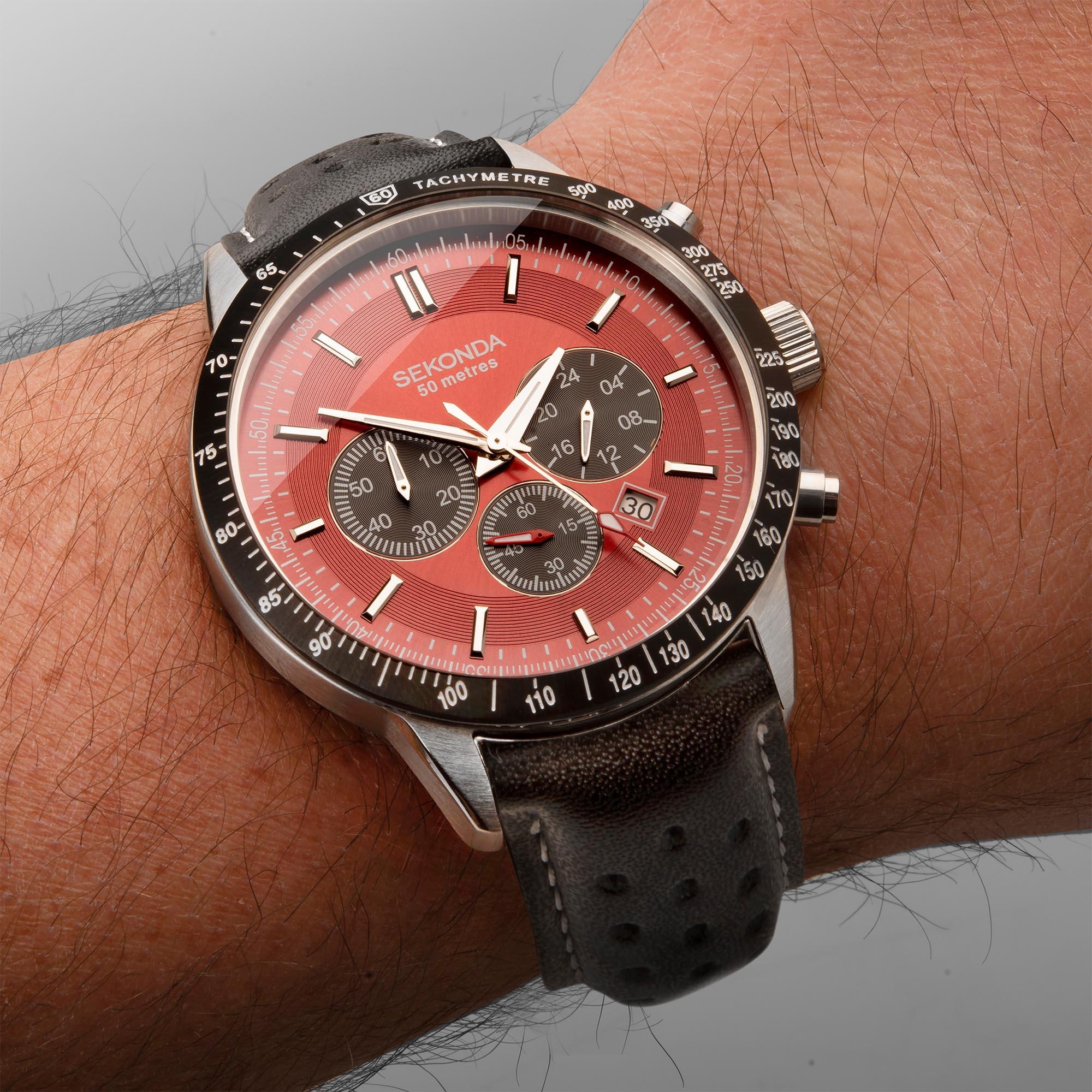 Sekonda Chronograph Quartz Red Dial Black Leather Strap Men's Watch 1938