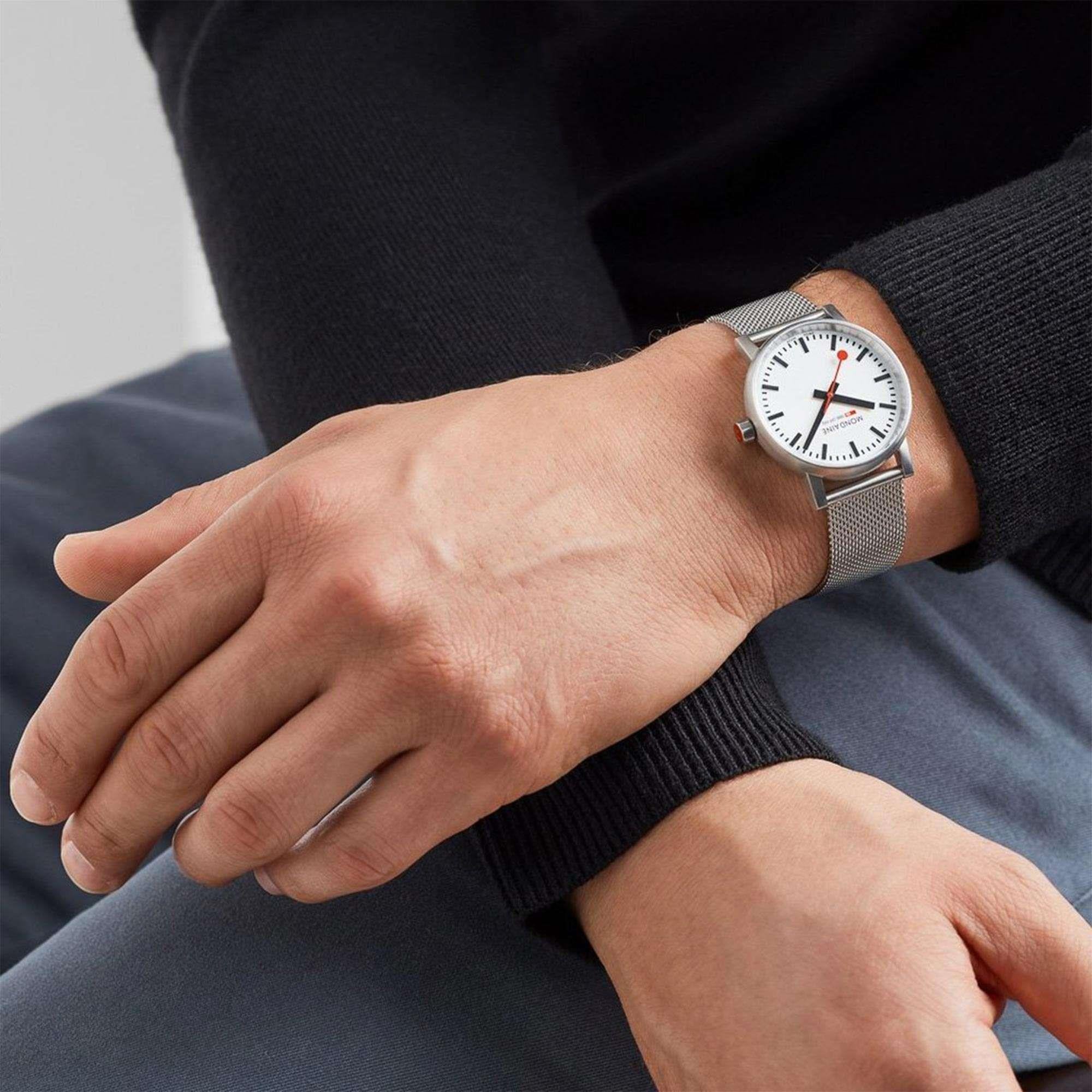 Mondaine evo2 Stainless Steel Case Stainless Steel Mesh Bracelet White Dial Unisex Watch MSE.35110.SM