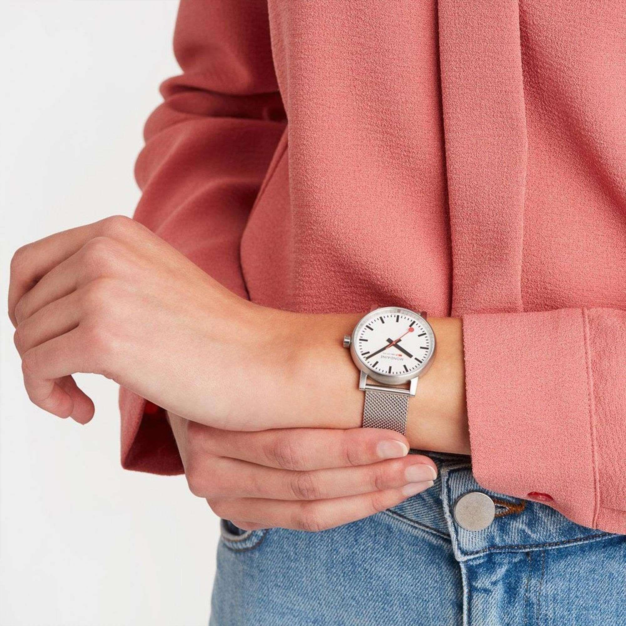 Mondaine evo2 Stainless Steel Case Stainless Steel Mesh Bracelet White Dial Unisex Watch MSE.35110.SM