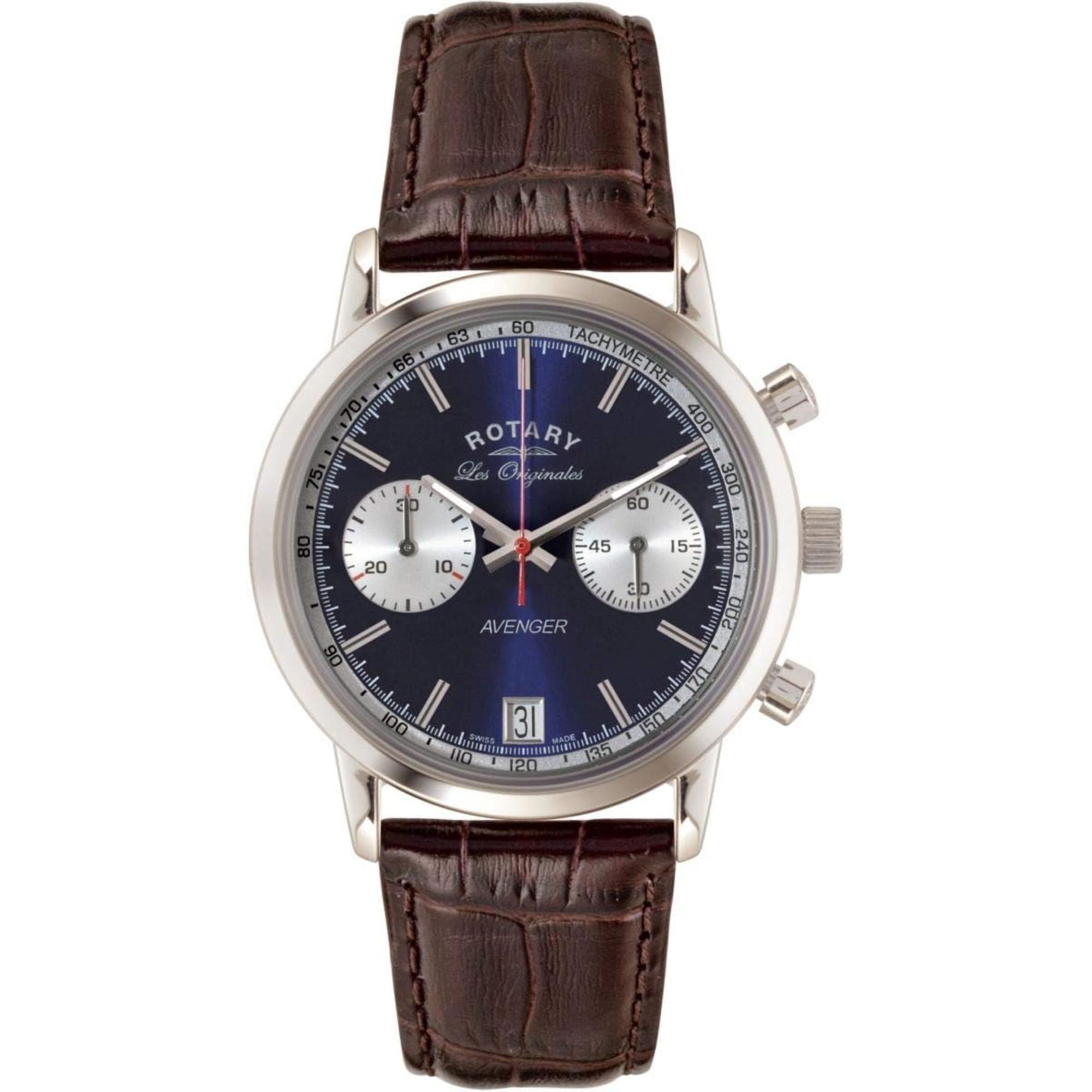 Rotary Les Originales Silver Stainless Steel case Brown Leather Strap Blue Dial Men's Watch GS90130/05