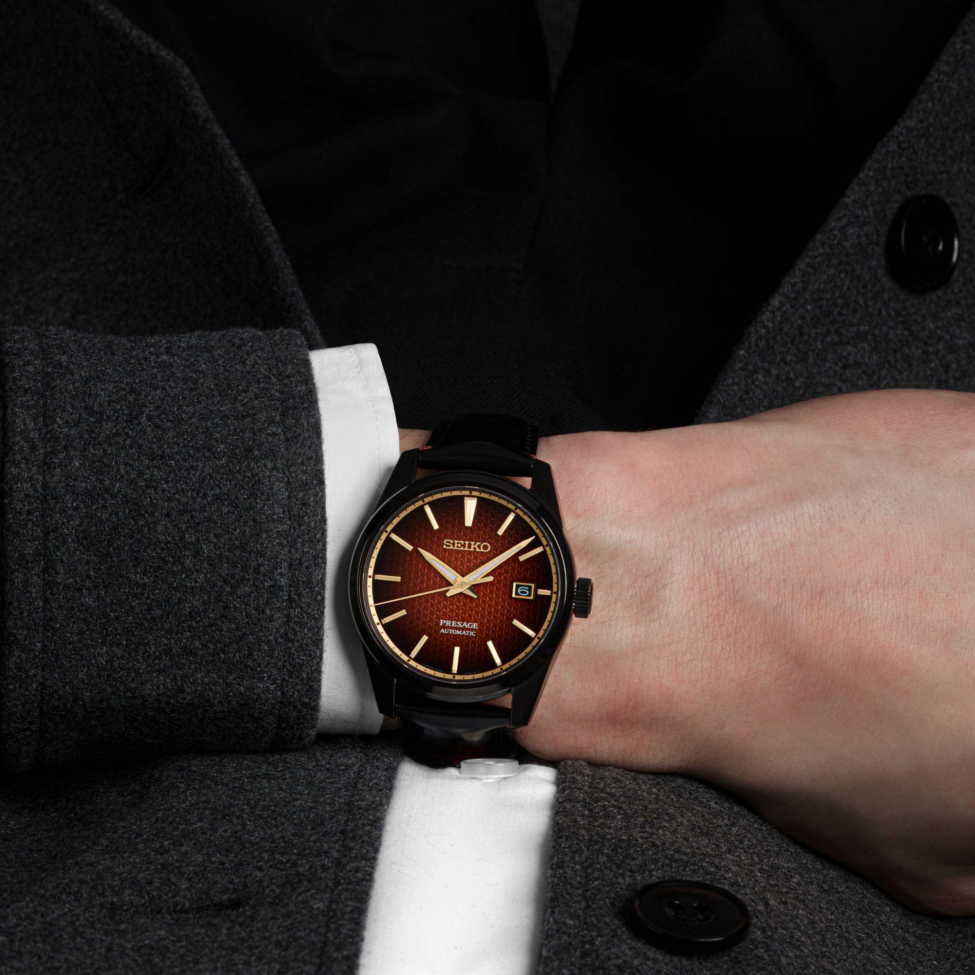 Seiko Limited Edition Presage Sharp Edged Kabuki Red Dial Black Leather Strap Men's Watch SPB331J1