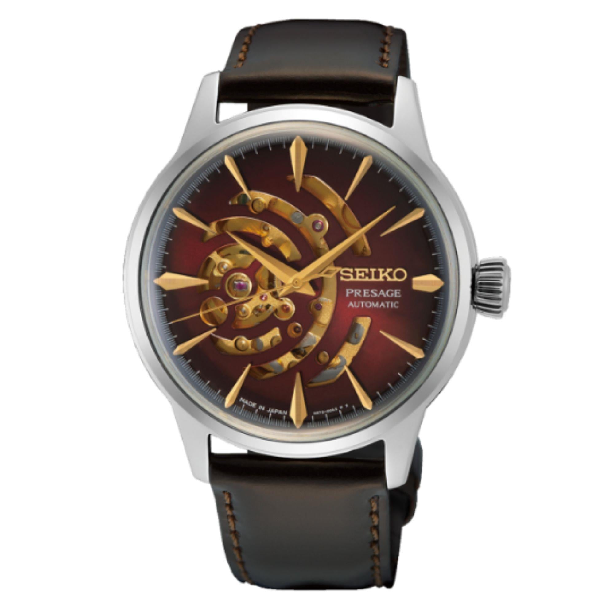 Seiko Presage Cocktail Time Star Bar 'Red Brick' Automatic Red Dial Black Leather Strap Limited Edition Men’s Watch SSA457J1